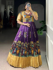 Outstanding Purple Pichwai Printed Silk Festival Wear Gown