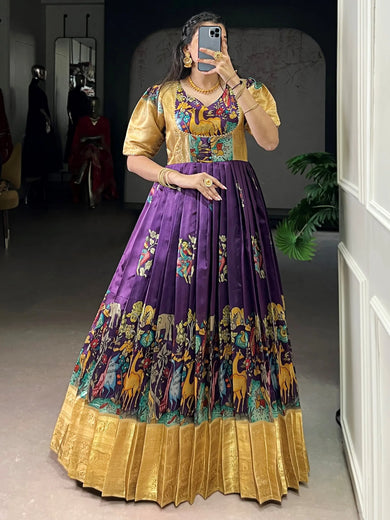 Outstanding Purple Pichwai Printed Silk Festival Wear Gown