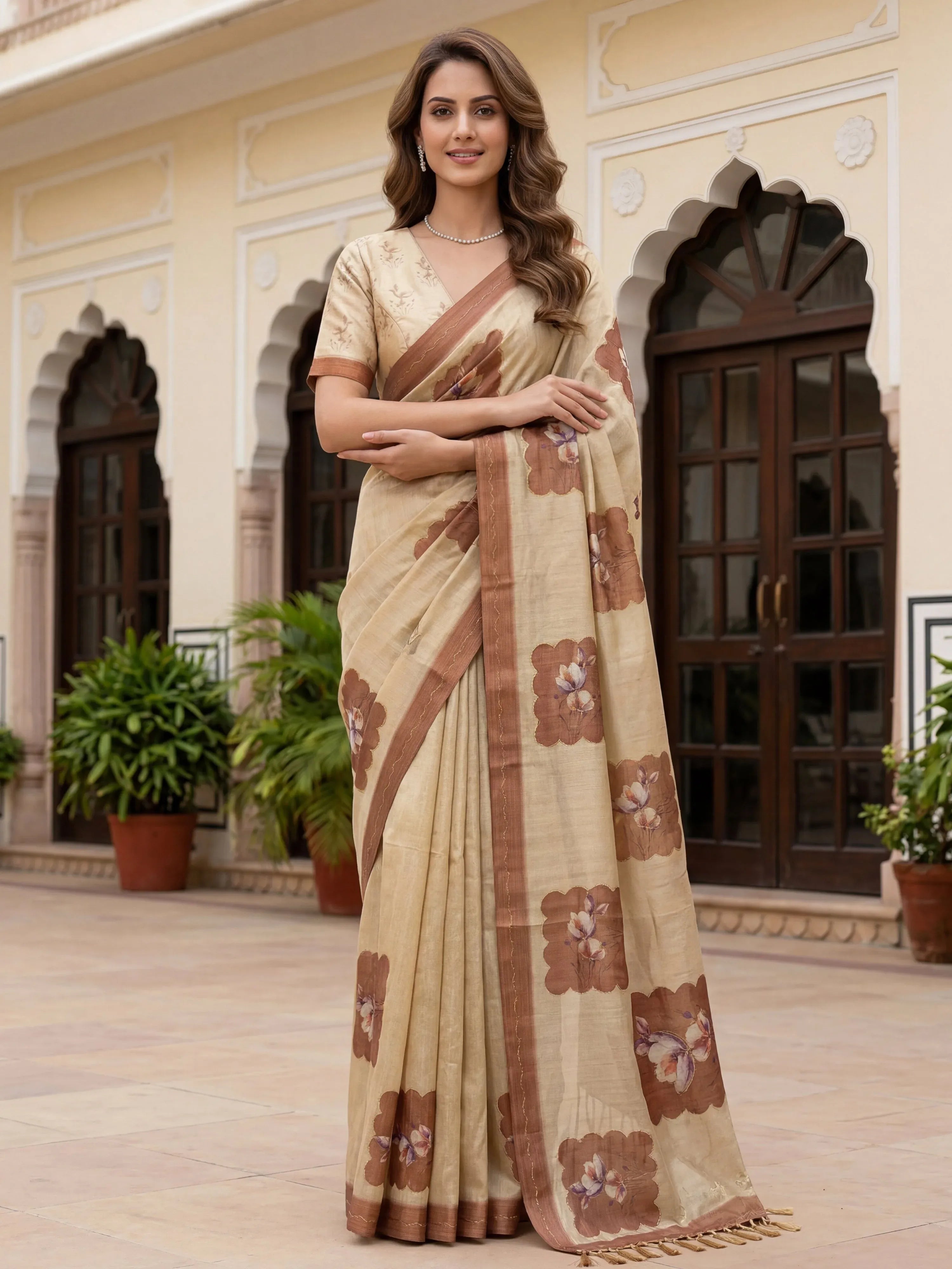 Impressive Beige Flower Printed Silk Bridesmaid Saree With Blouse