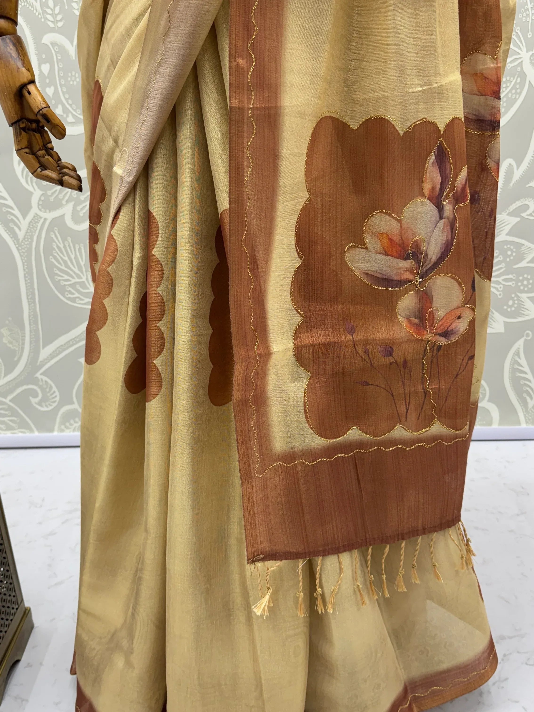 Impressive Beige Flower Printed Silk Bridesmaid Saree With Blouse