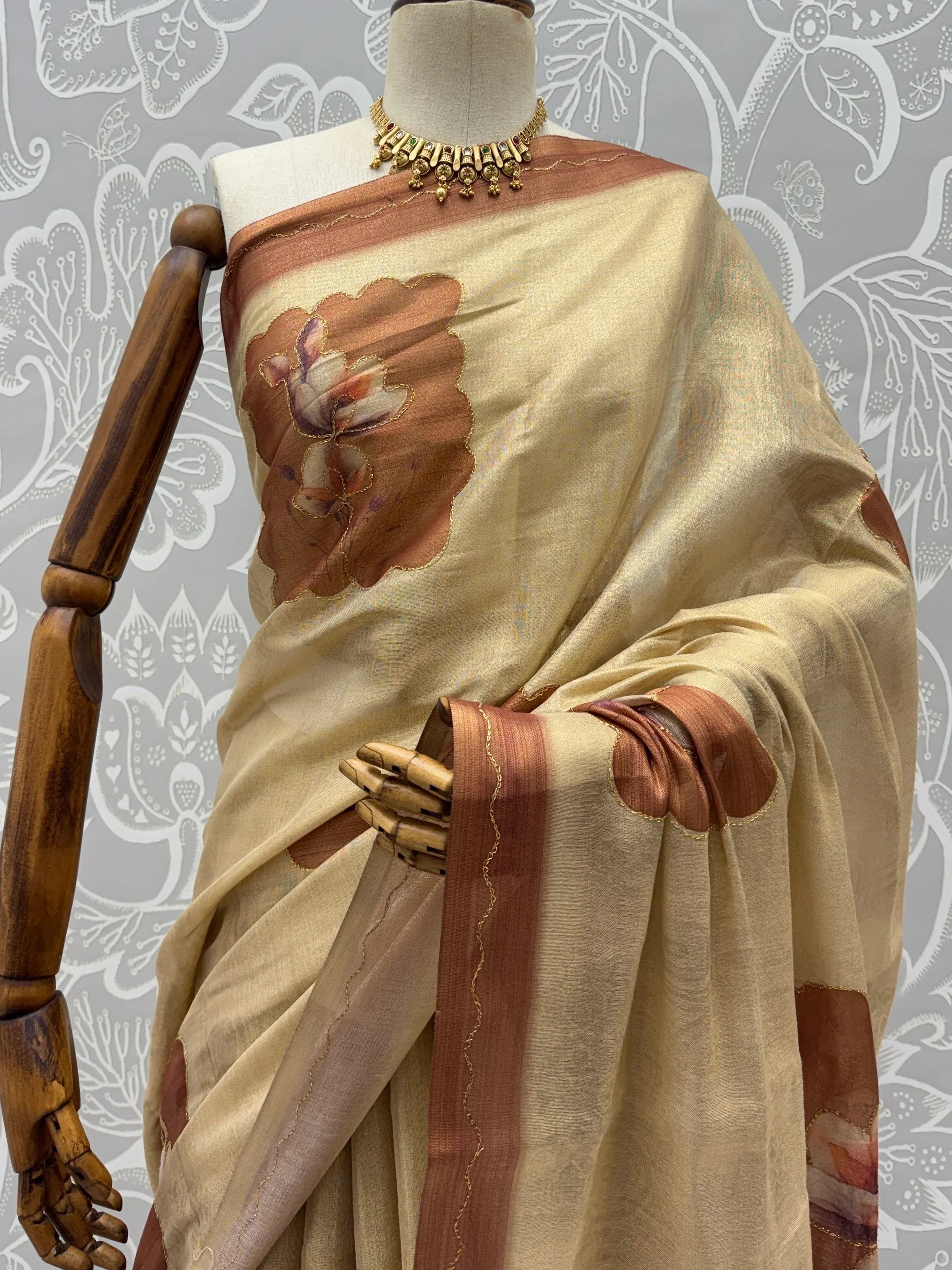 Impressive Beige Flower Printed Silk Bridesmaid Saree With Blouse