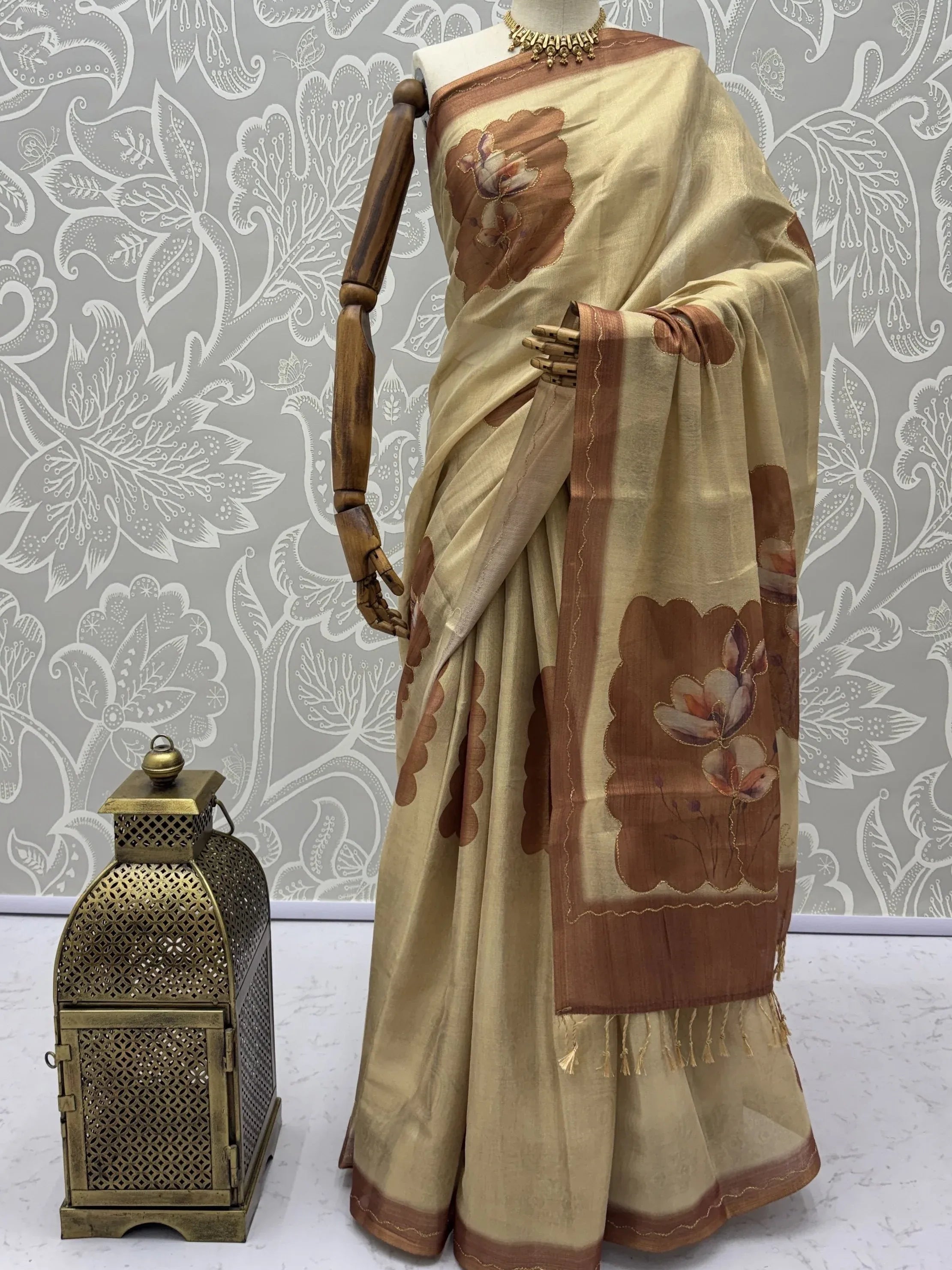 Impressive Beige Flower Printed Silk Bridesmaid Saree With Blouse