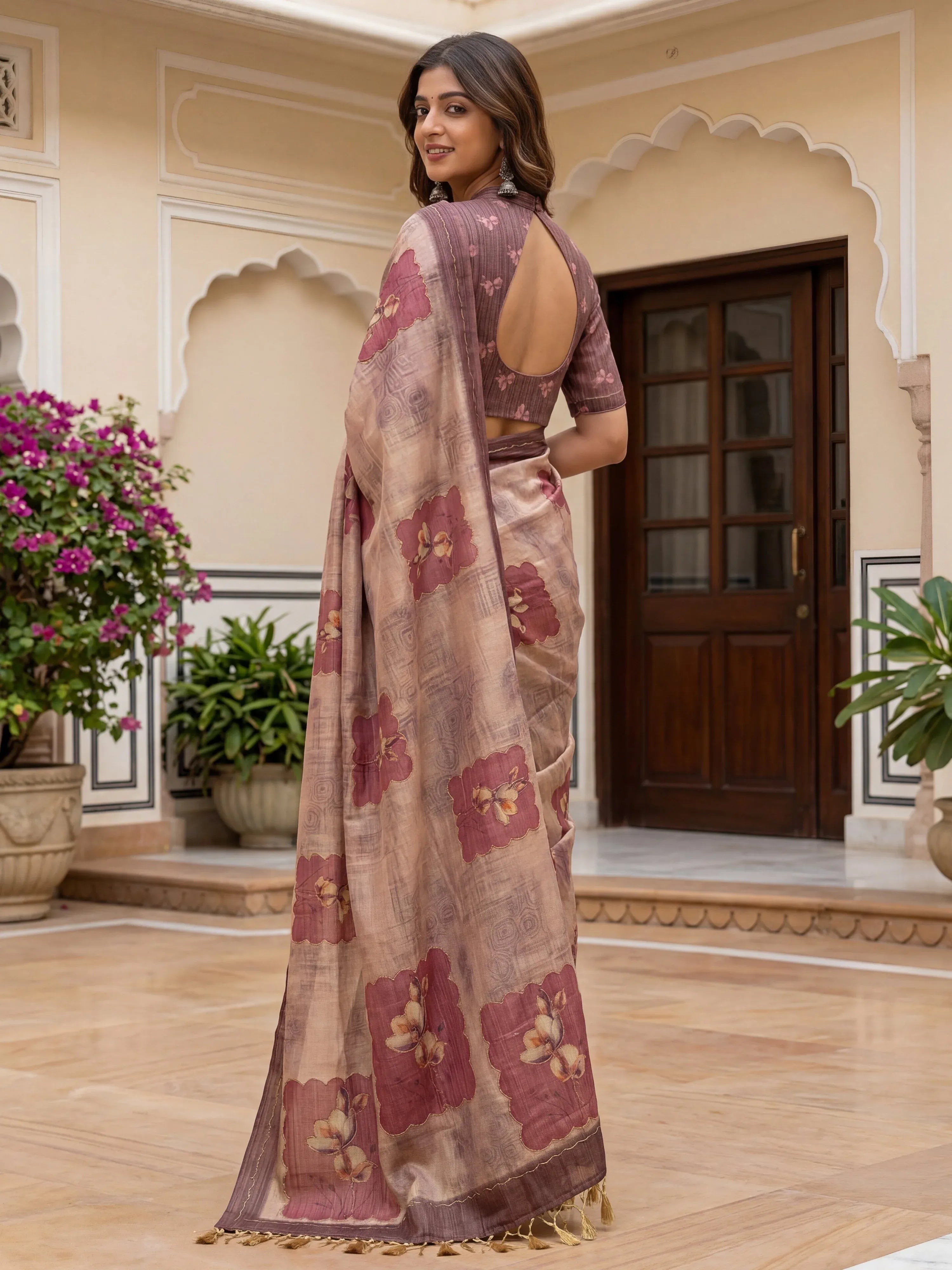 Incredible Light Brown Dori Work Silk Festive Wear Saree With Blouse