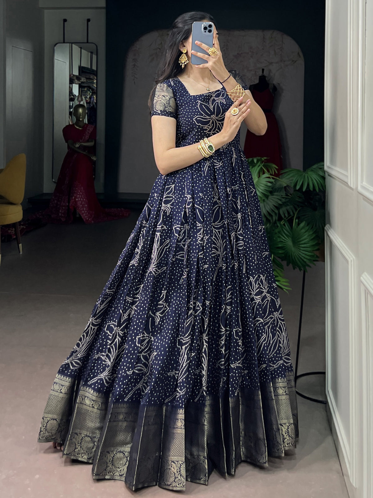 Awesome Navy Blue Weaving Border Cotton Traditional Gown