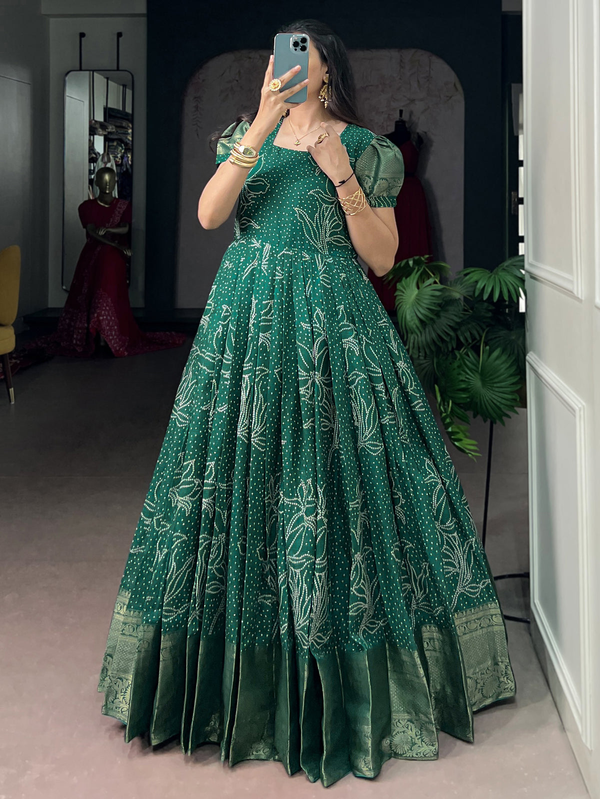 Mesmerizing Green Zari Weaving Cotton Function Wear Gown
