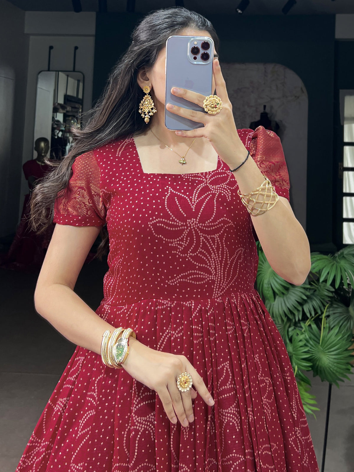 Enchanting Red Bandhej Printed Cotton Marriage Wear Gown