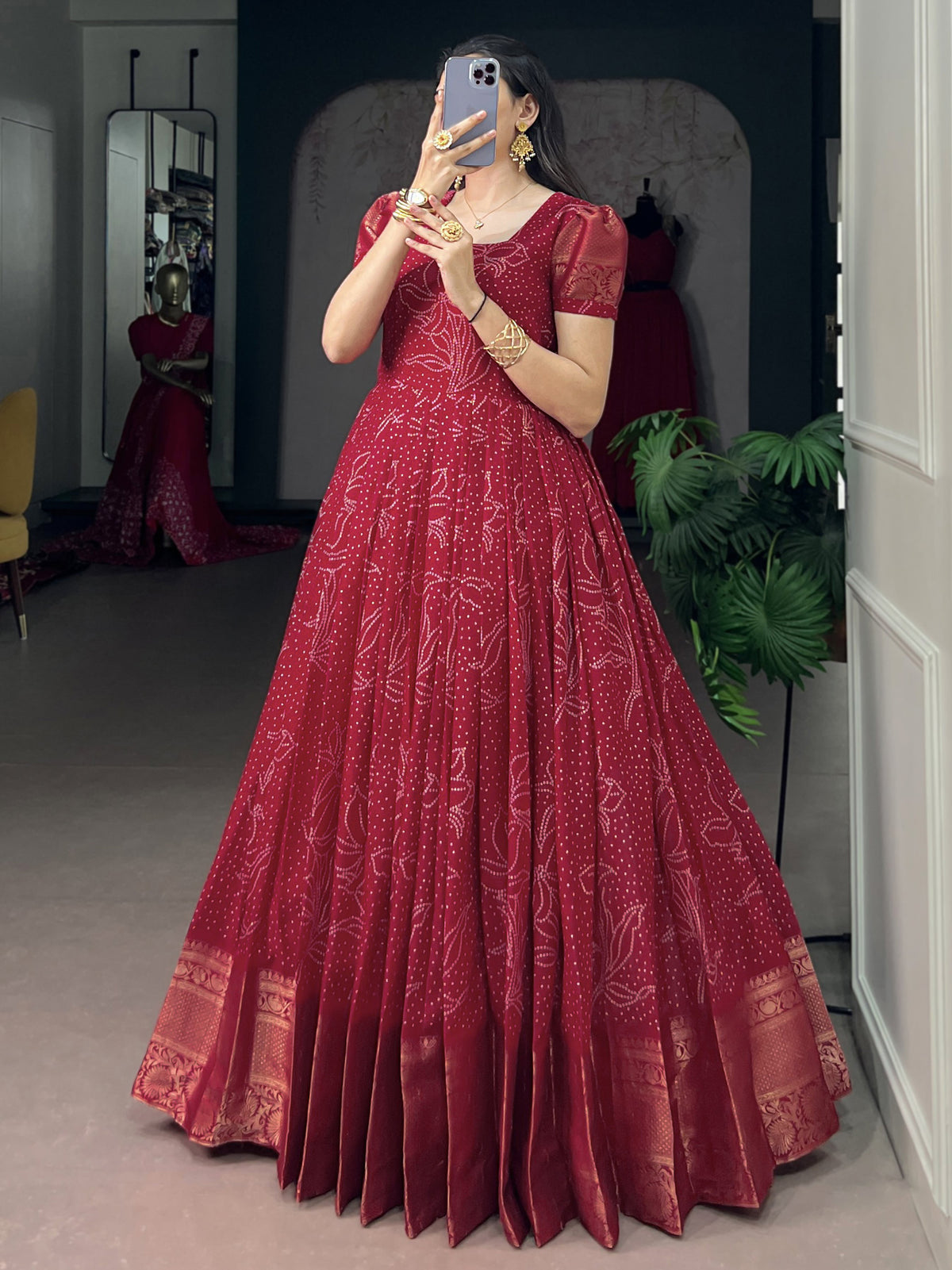 Enchanting Red Bandhej Printed Cotton Marriage Wear Gown