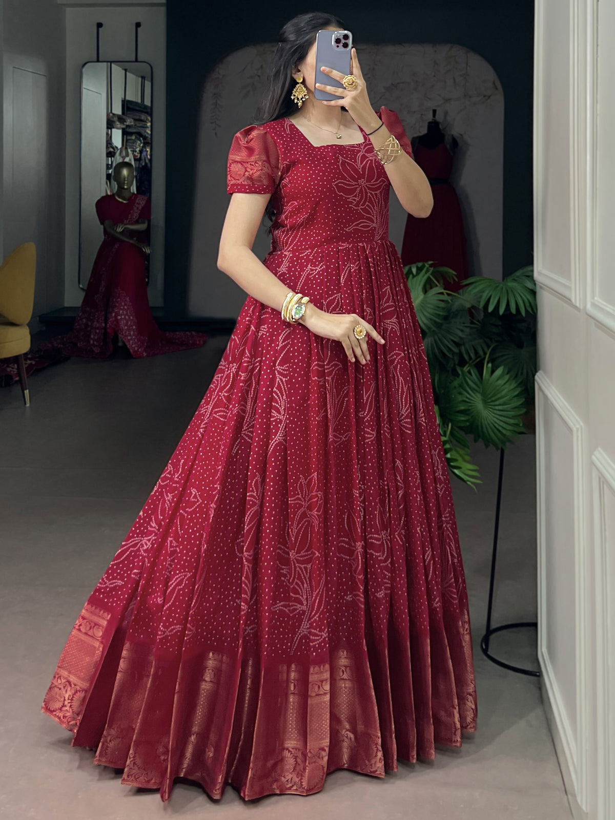 Enchanting Red Bandhej Printed Cotton Marriage Wear Gown