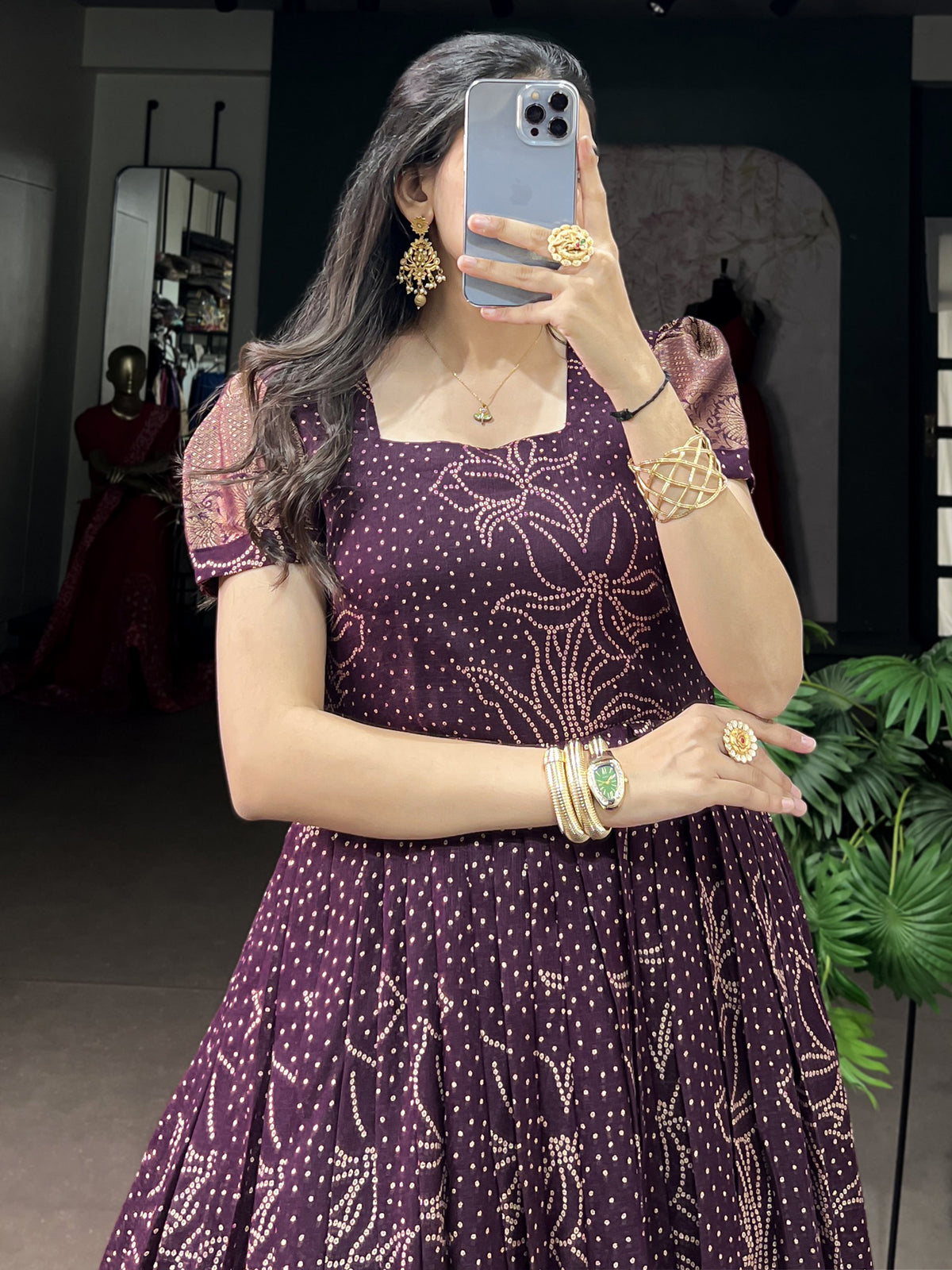 Captivating Wine Bandhej Printed Cotton Festive Wear Gown