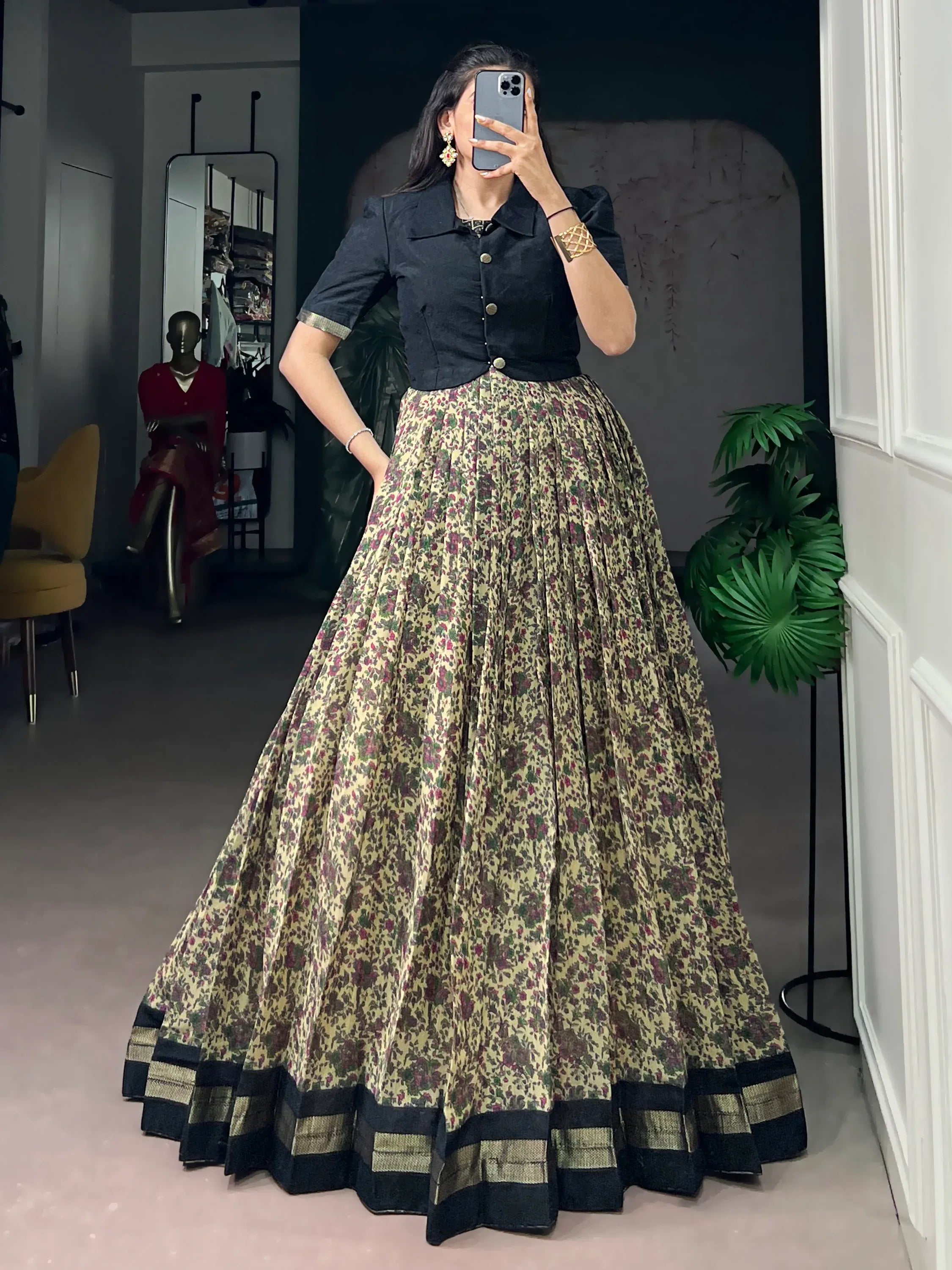 Stunning Black Floral Printed Chanderi Event Wear Gown With Koti
