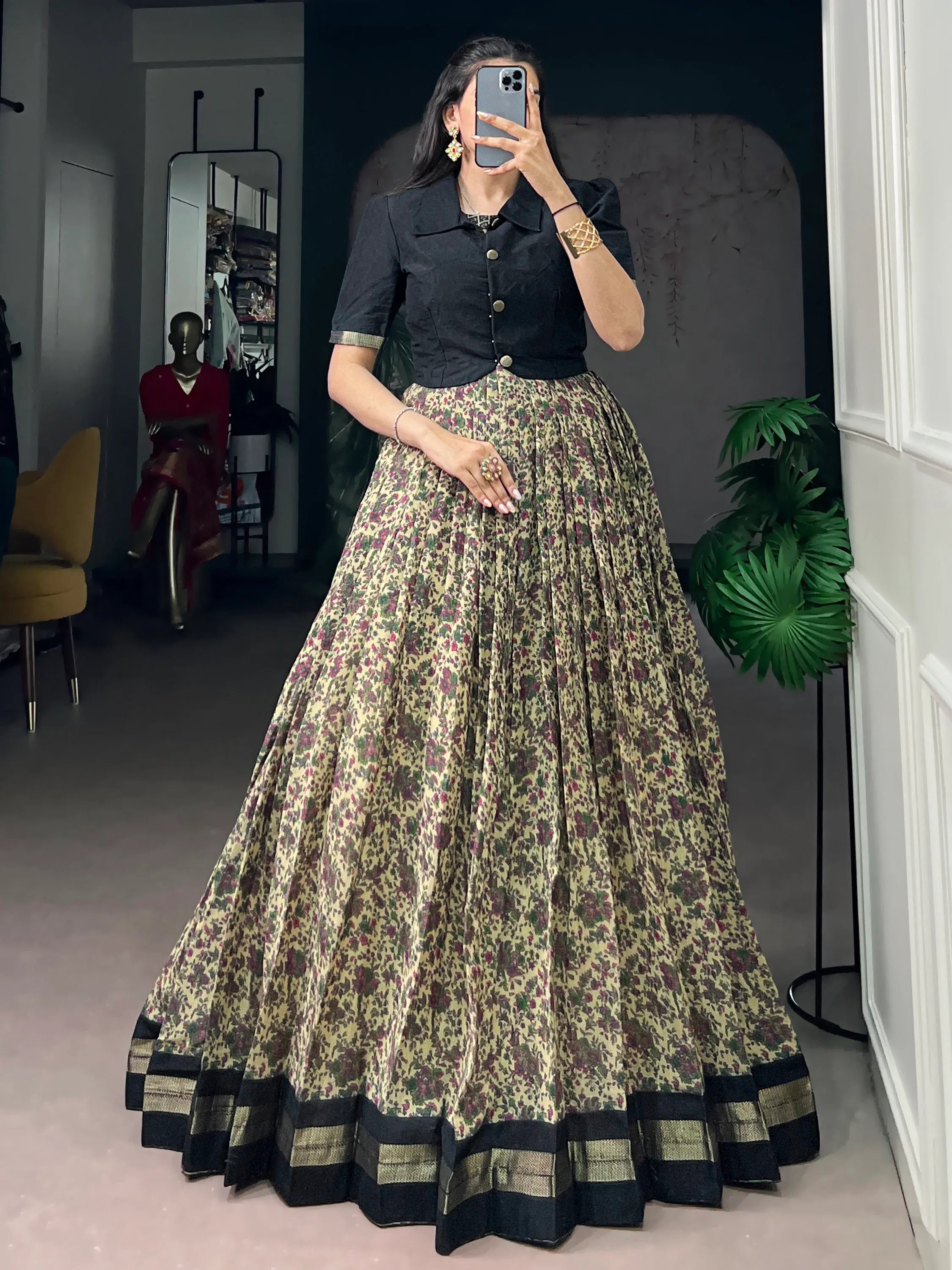 Stunning Black Floral Printed Chanderi Event Wear Gown With Koti