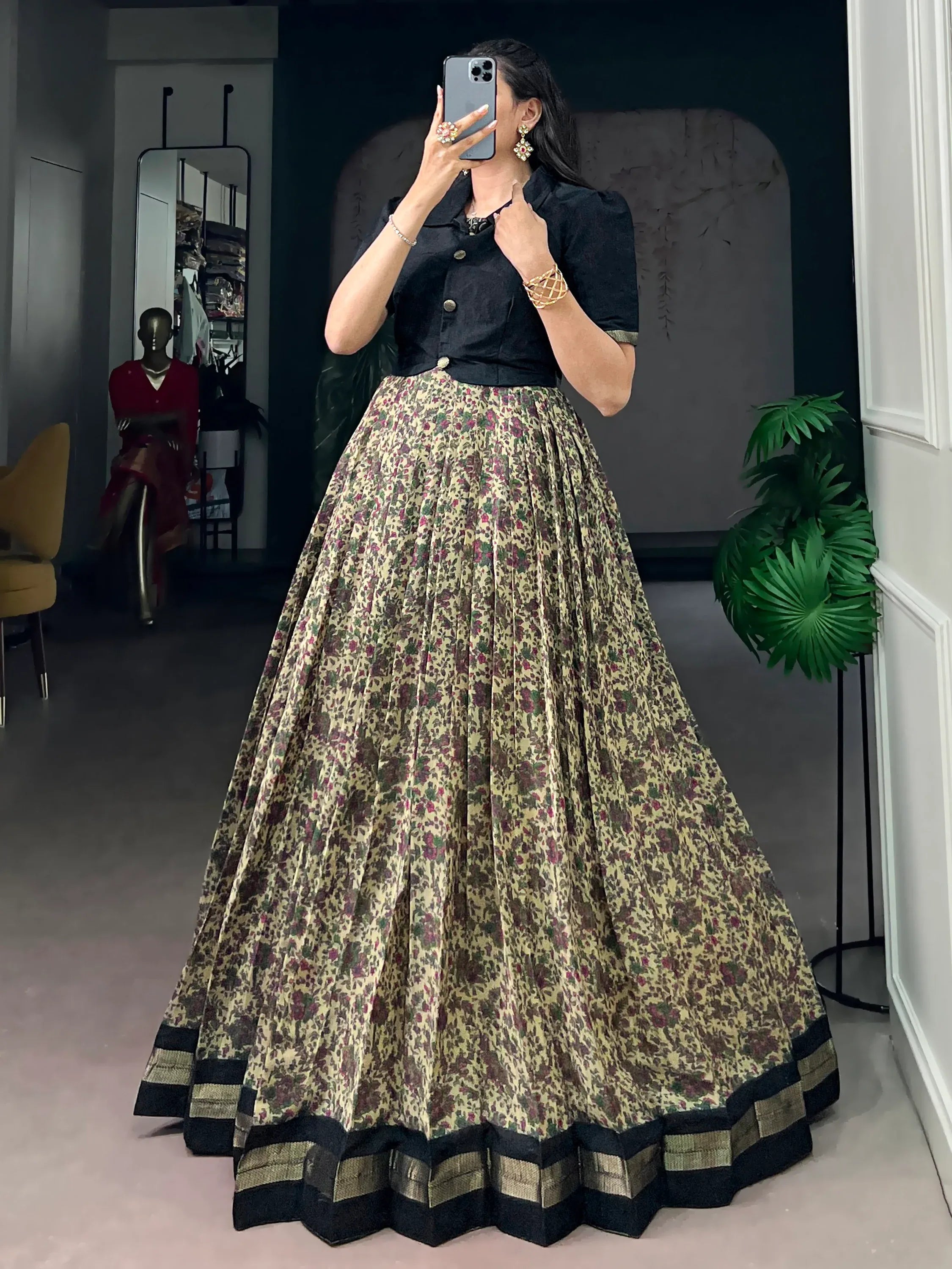 Stunning Black Floral Printed Chanderi Event Wear Gown With Koti