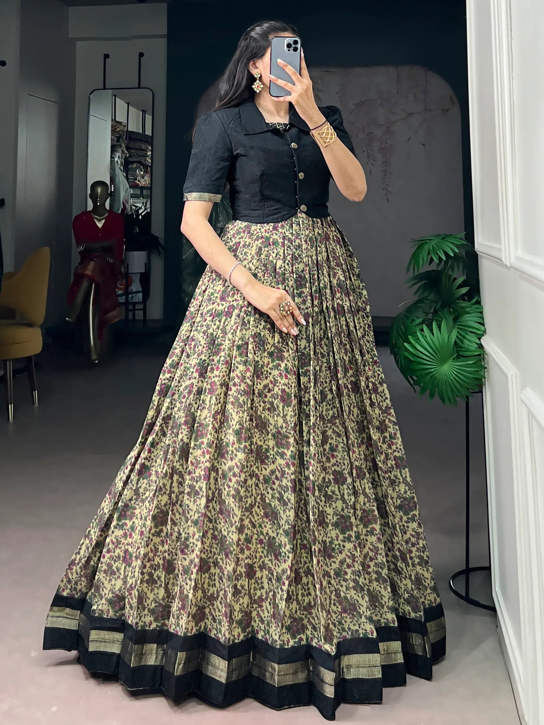 Stunning Black Floral Printed Chanderi Event Wear Gown With Koti