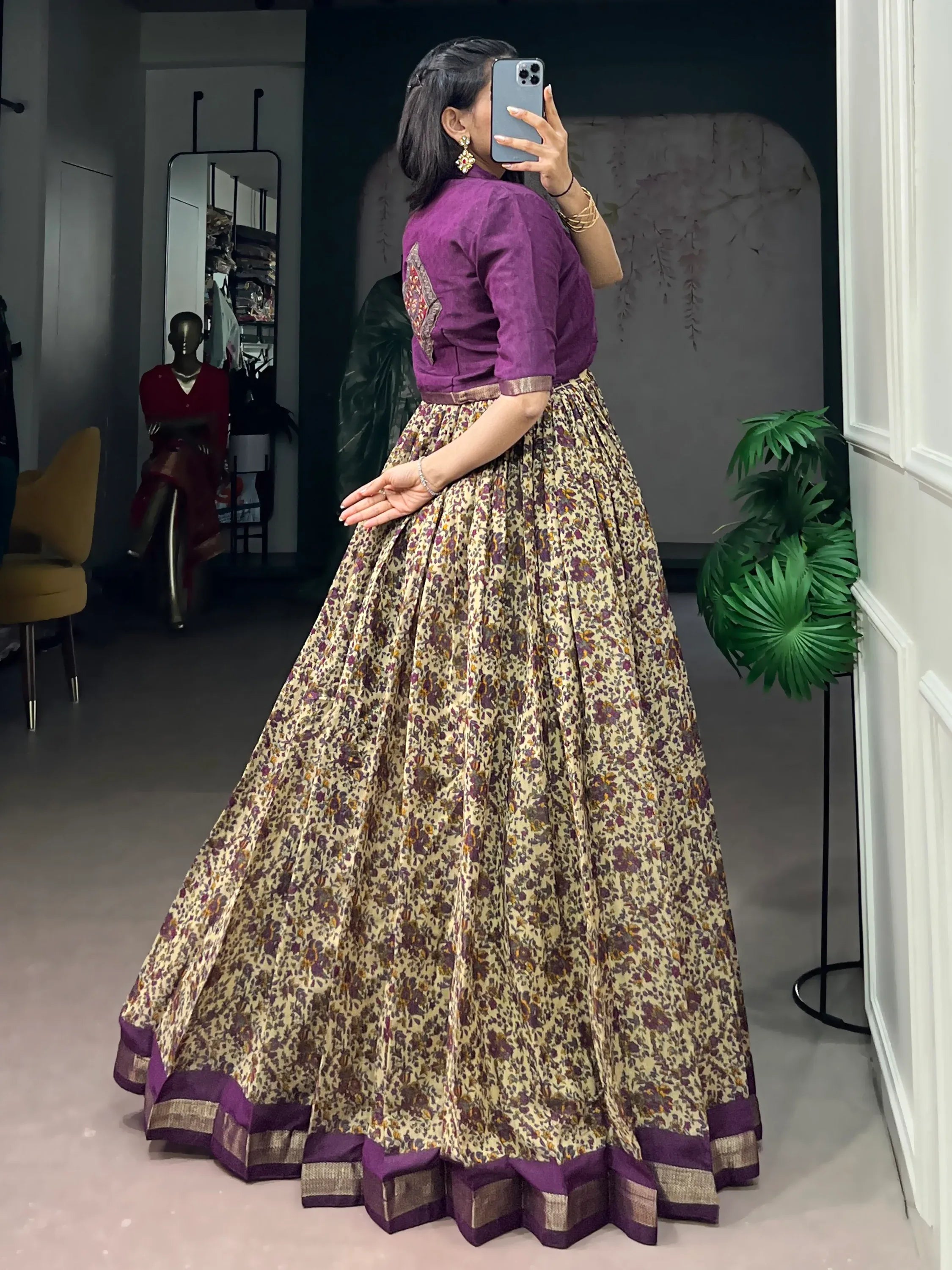 Rich Dark Purple Floral Printed Chanderi Traditional Gown With Koti