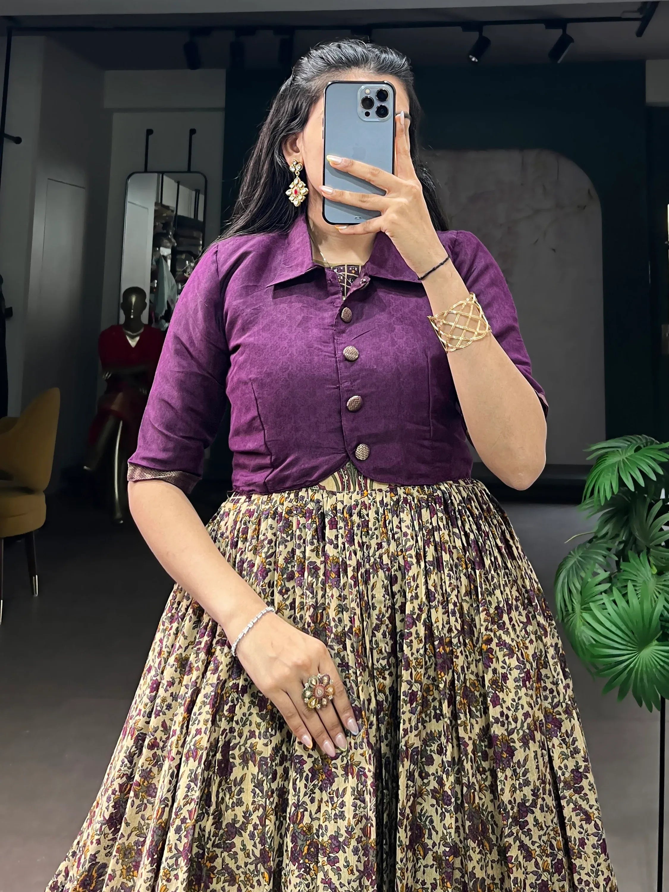 Rich Dark Purple Floral Printed Chanderi Traditional Gown With Koti