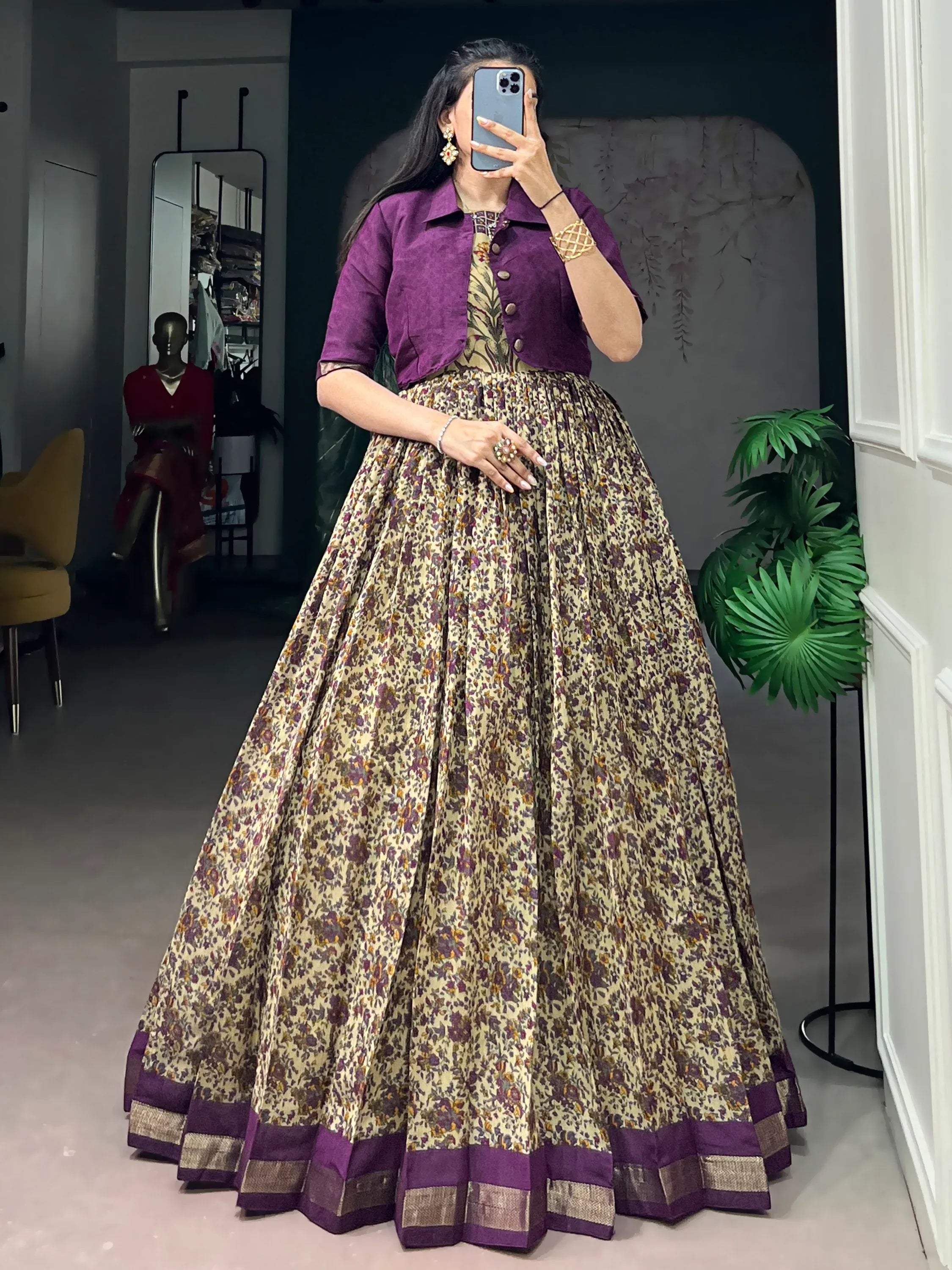 Rich Dark Purple Floral Printed Chanderi Traditional Gown With Koti