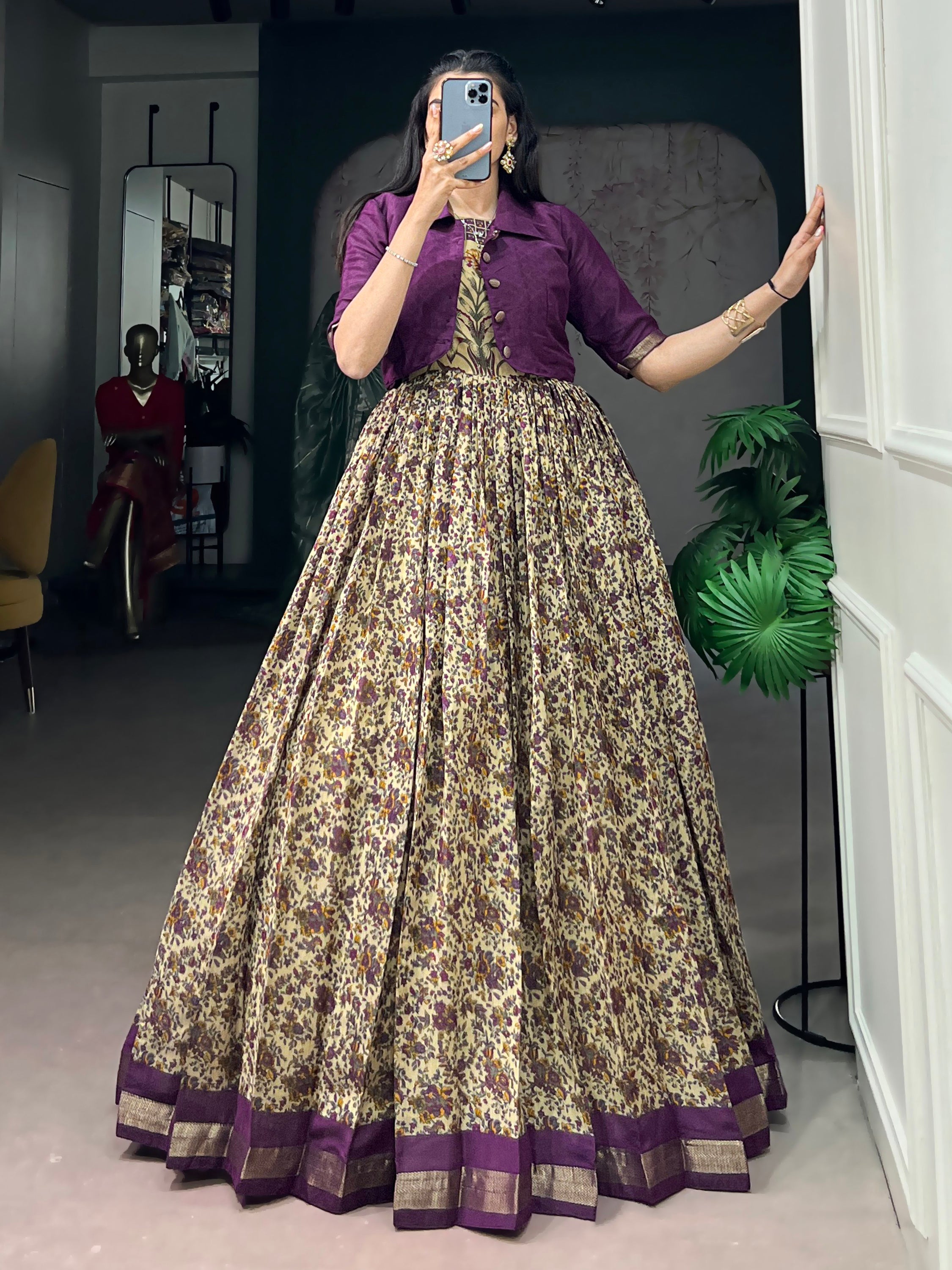 Rich Dark Purple Floral Printed Chanderi Traditional Gown With Koti