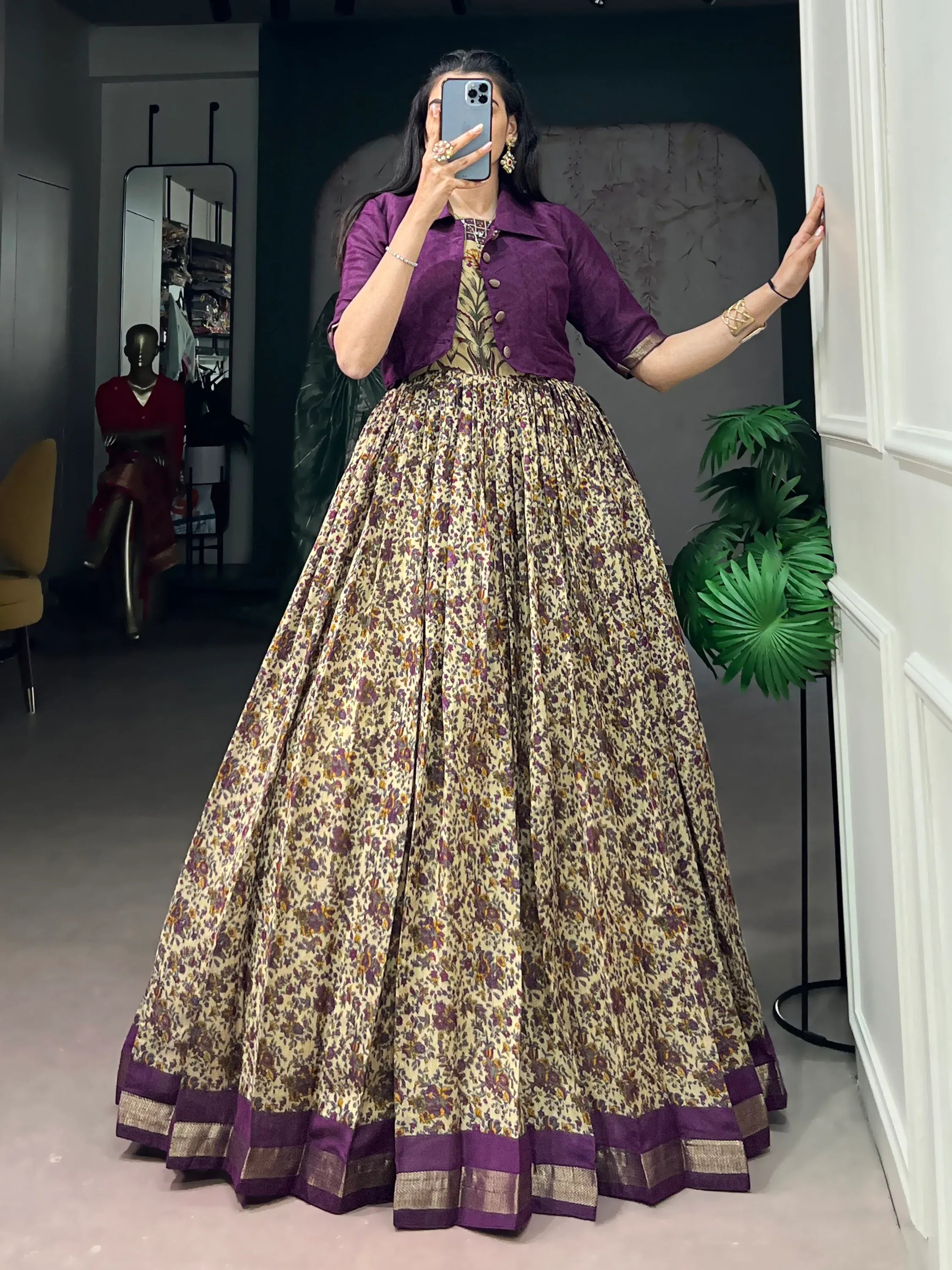 Rich Dark Purple Floral Printed Chanderi Traditional Gown With Koti