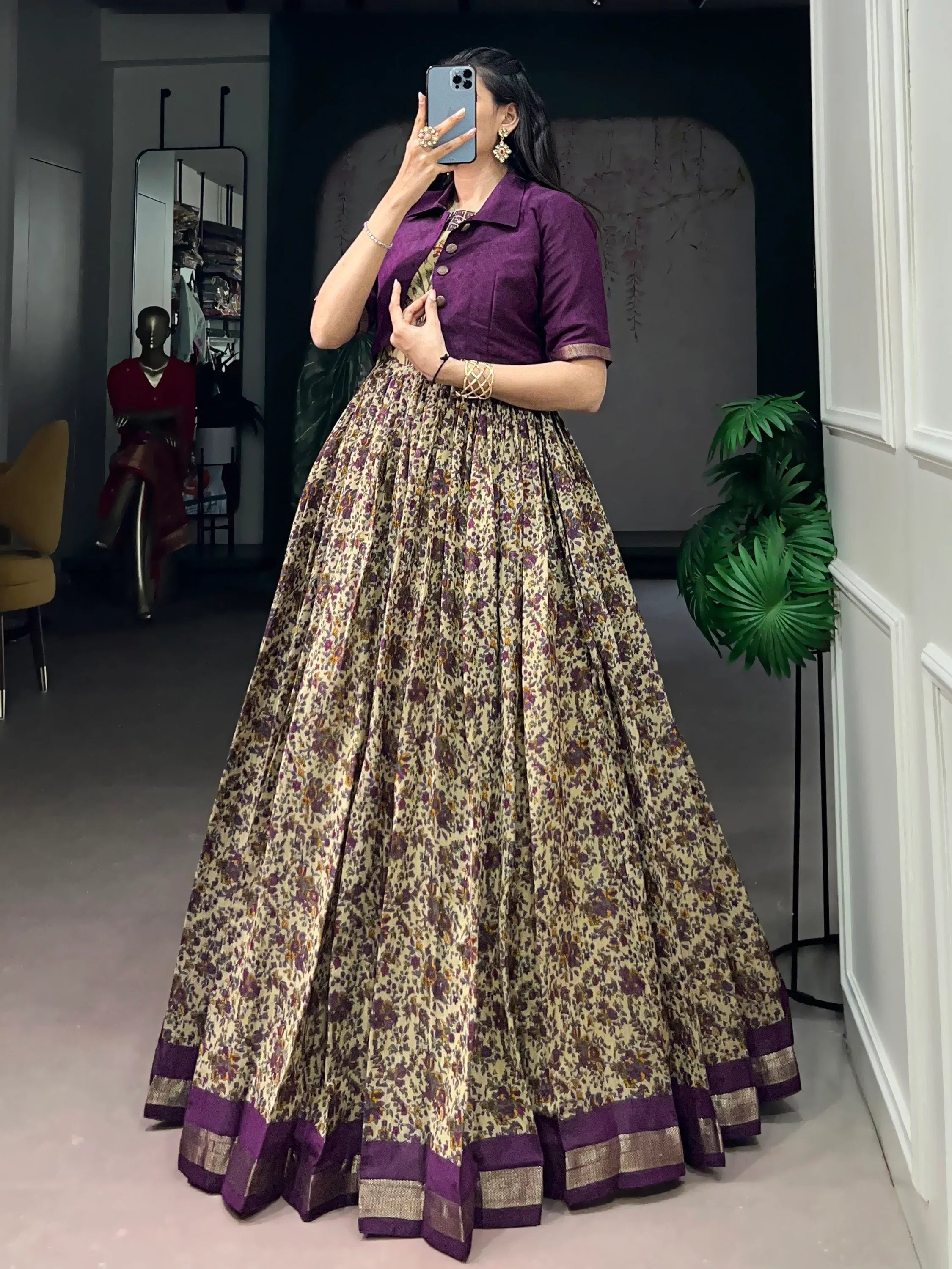 Rich Dark Purple Floral Printed Chanderi Traditional Gown With Koti