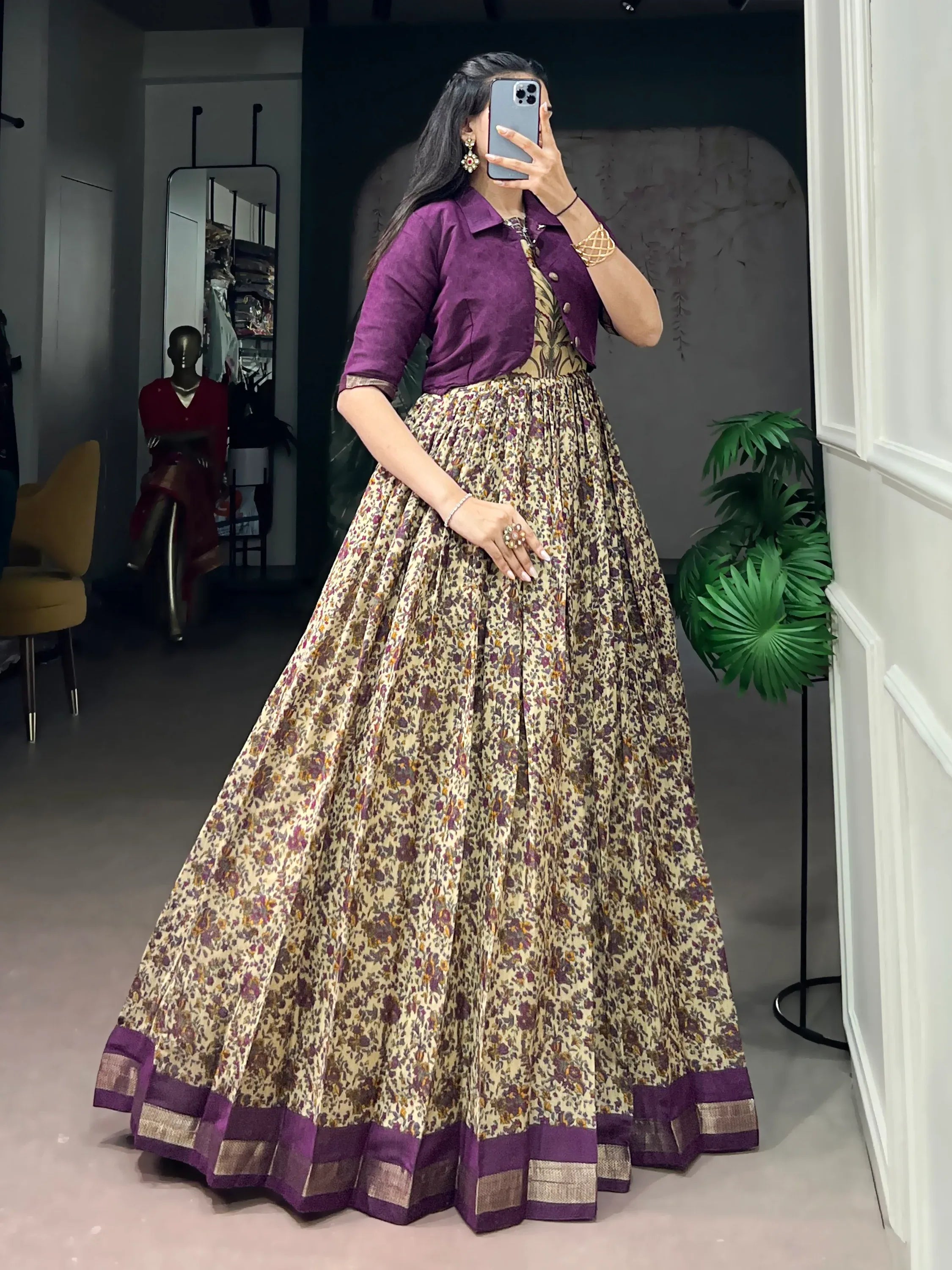 Rich Dark Purple Floral Printed Chanderi Traditional Gown With Koti