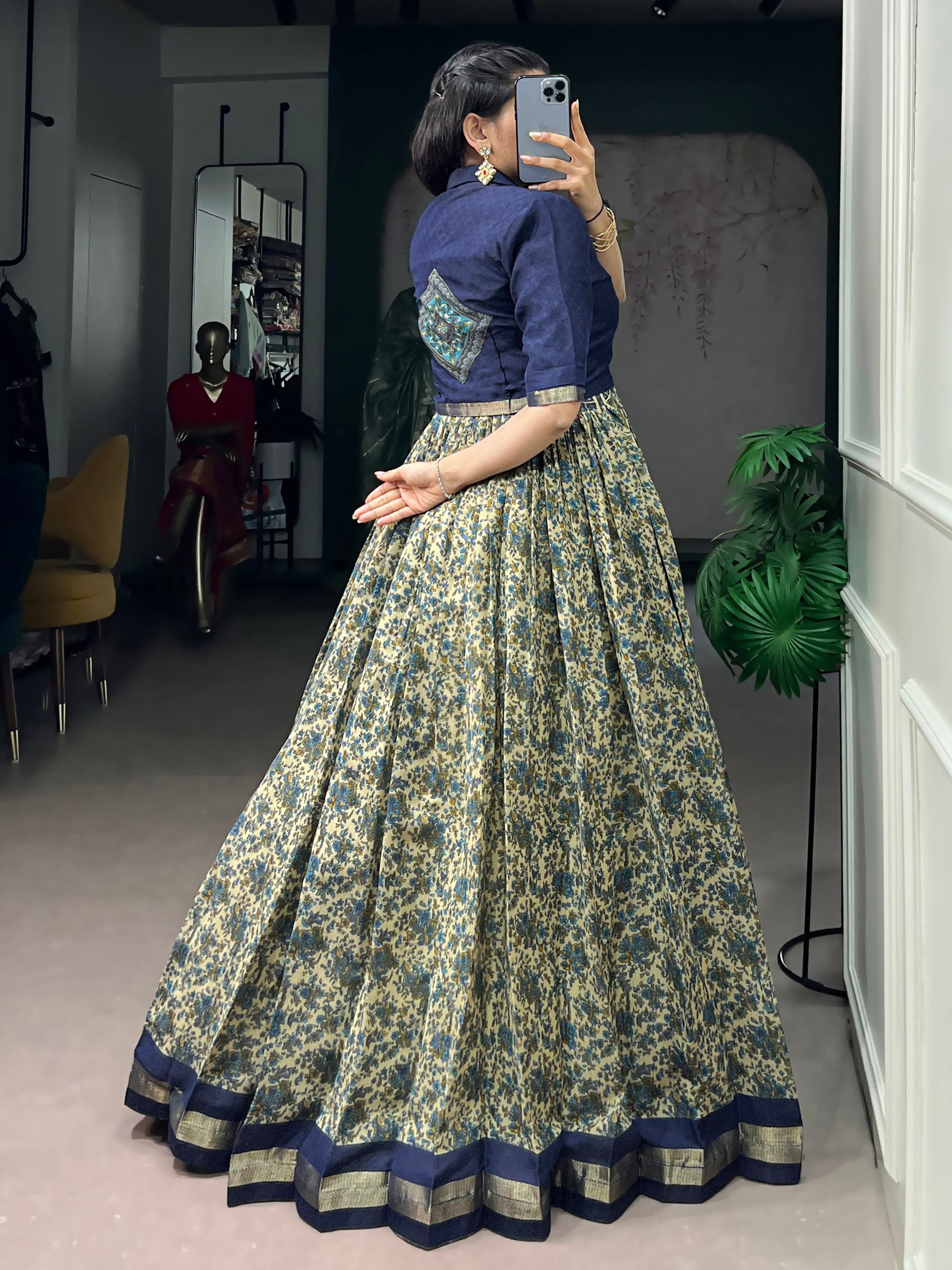 Wonderful Navy Blue Printed Chanderi Marriage Wear Gown With Koti