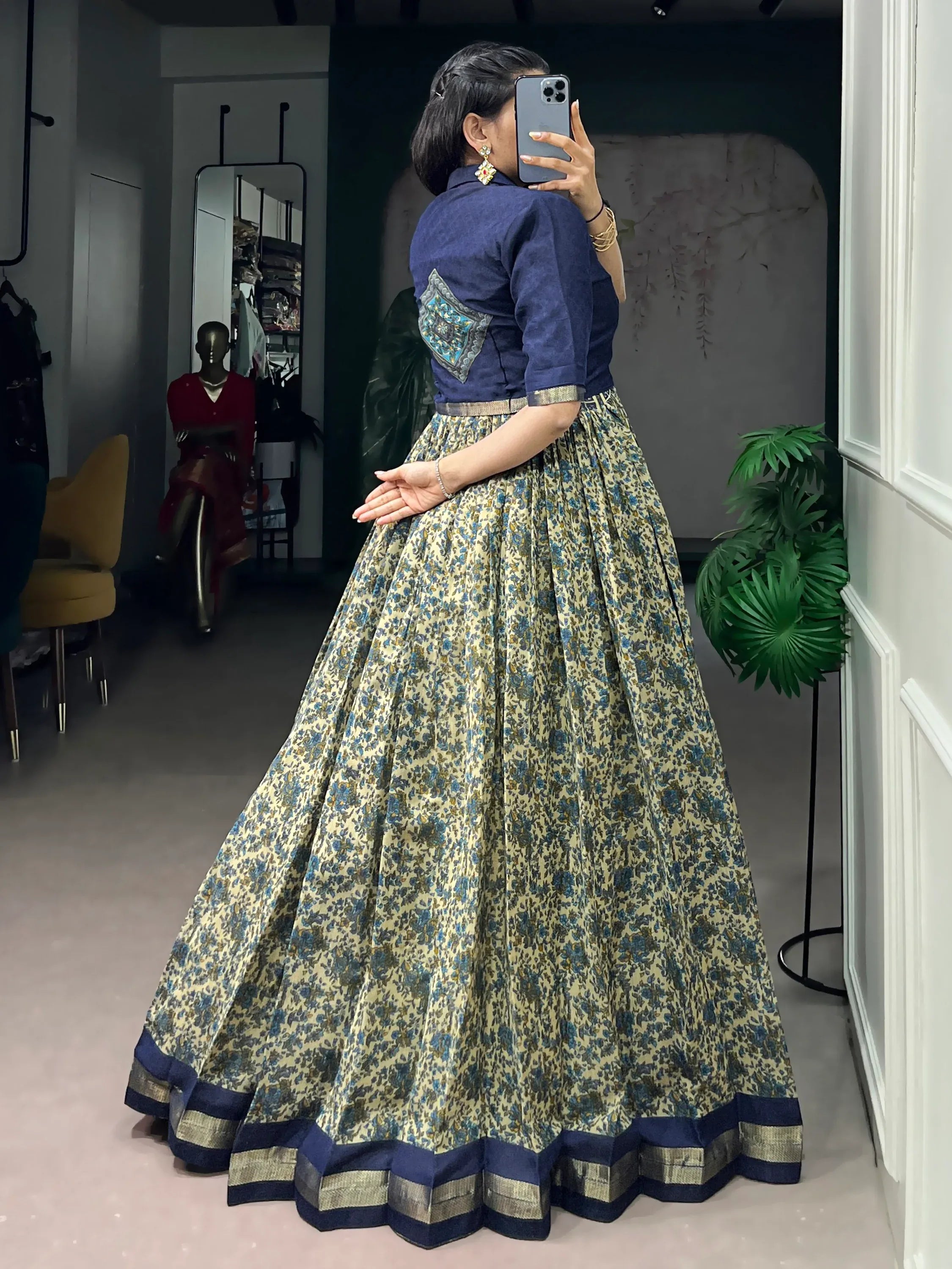 Wonderful Navy Blue Printed Chanderi Marriage Wear Gown With Koti