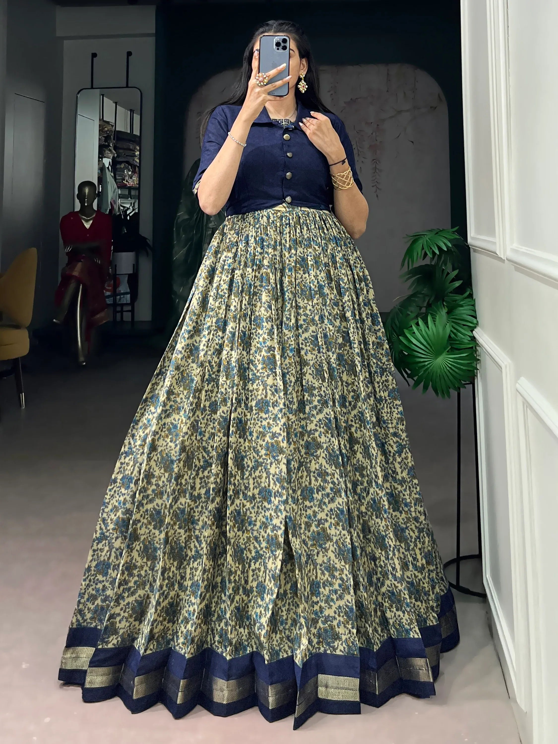 Wonderful Navy Blue Printed Chanderi Marriage Wear Gown With Koti