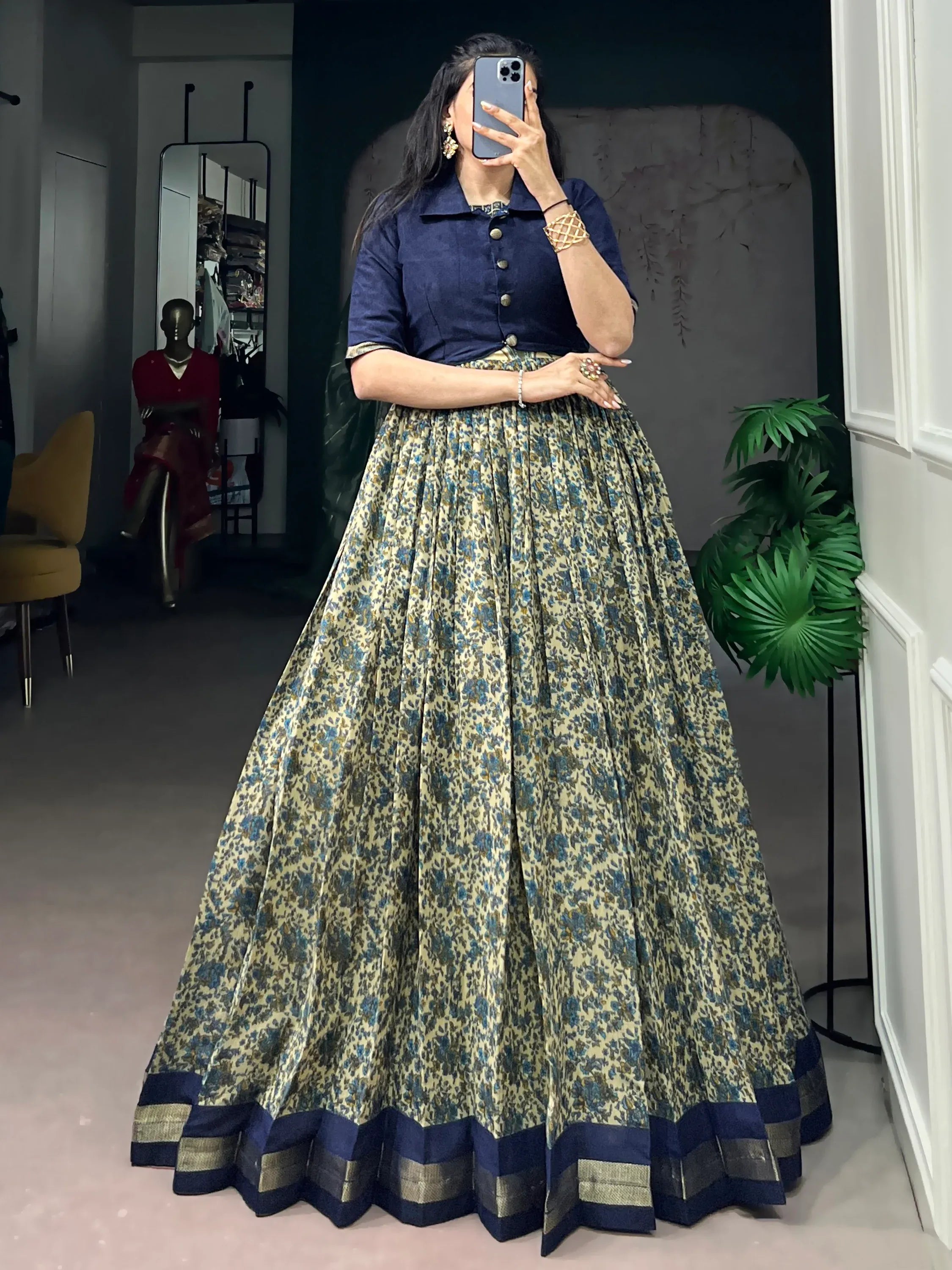 Wonderful Navy Blue Printed Chanderi Marriage Wear Gown With Koti