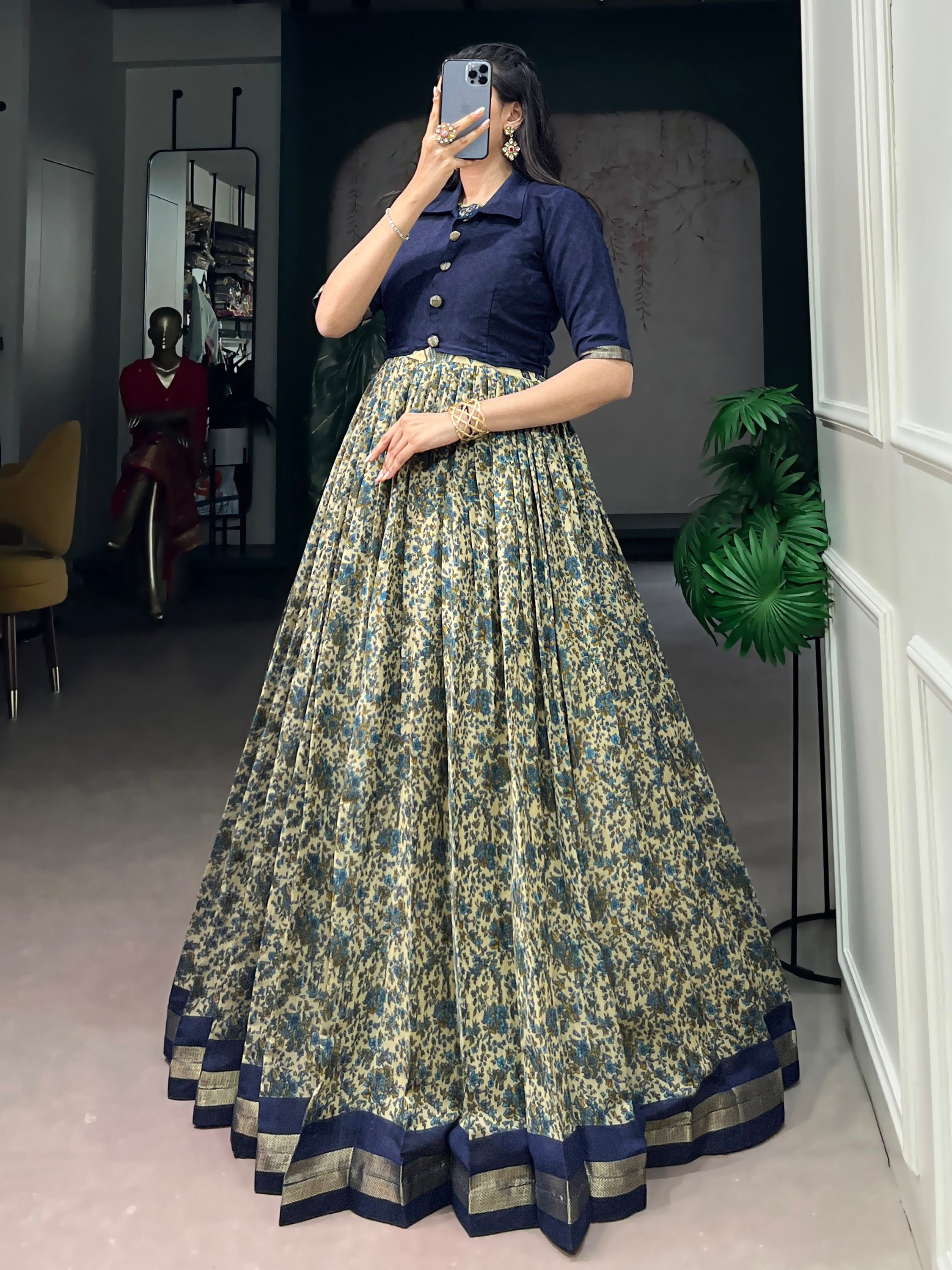 Wonderful Navy Blue Printed Chanderi Marriage Wear Gown With Koti