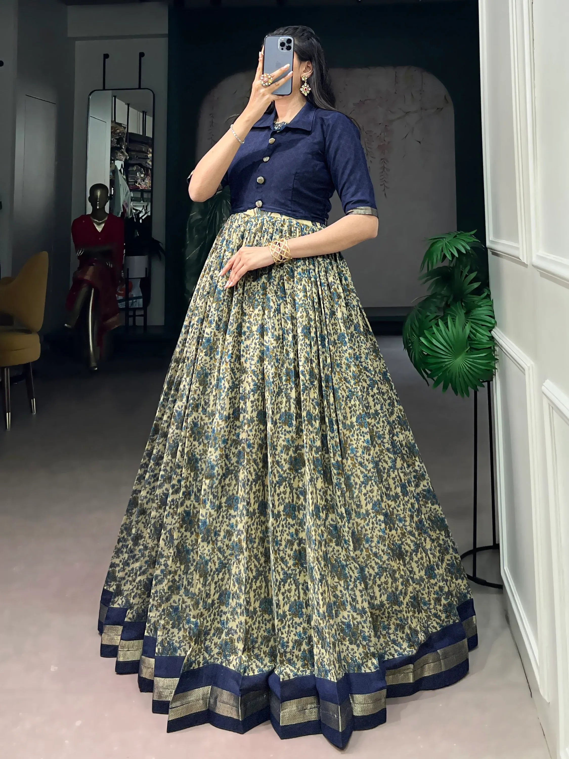 Wonderful Navy Blue Printed Chanderi Marriage Wear Gown With Koti