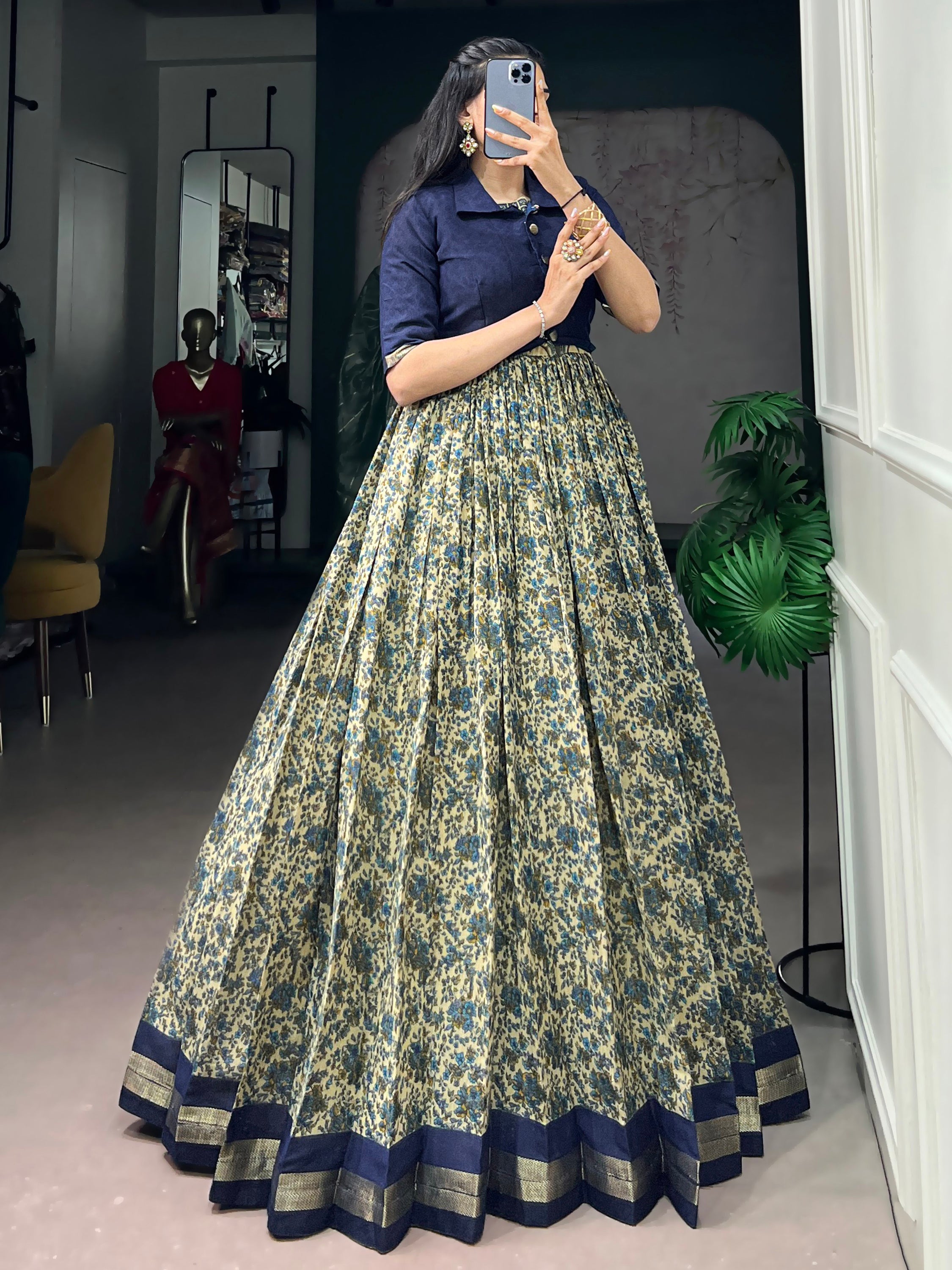 Wonderful Navy Blue Printed Chanderi Marriage Wear Gown With Koti