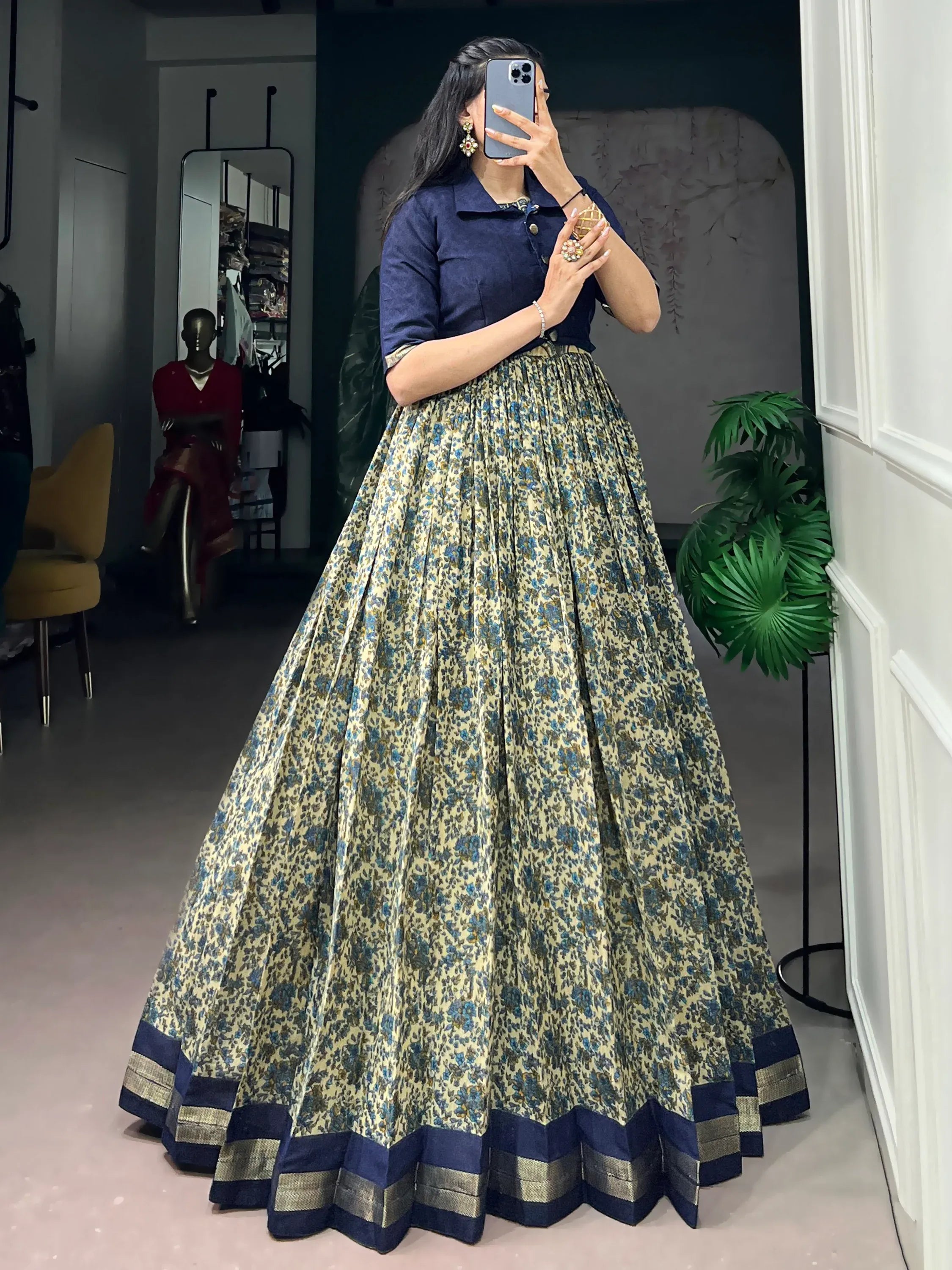 Wonderful Navy Blue Printed Chanderi Marriage Wear Gown With Koti