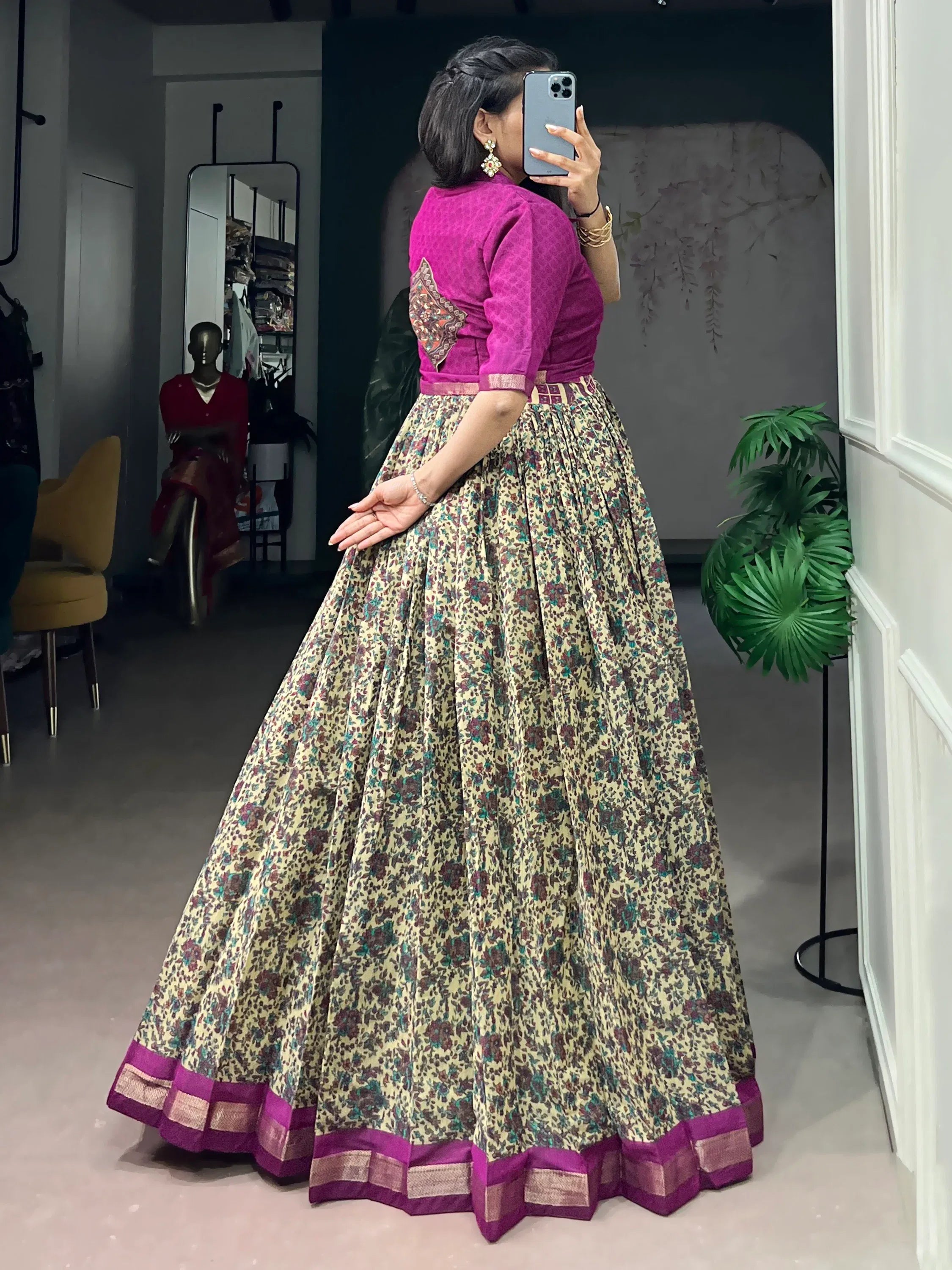 Magnificent Wine Floral Printed Chanderi Festive Wear Gown With Koti