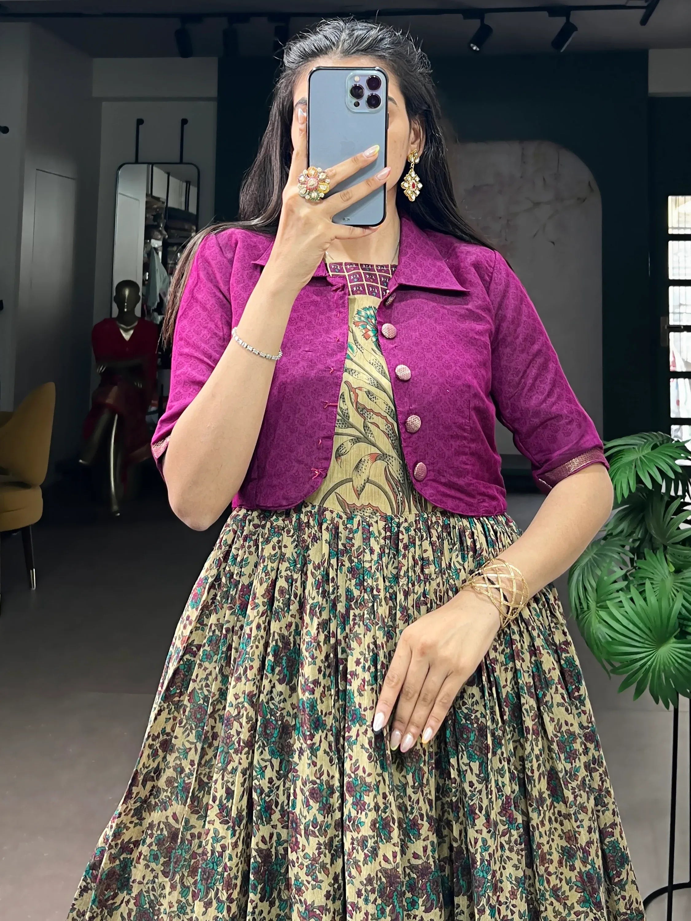 Magnificent Wine Floral Printed Chanderi Festive Wear Gown With Koti
