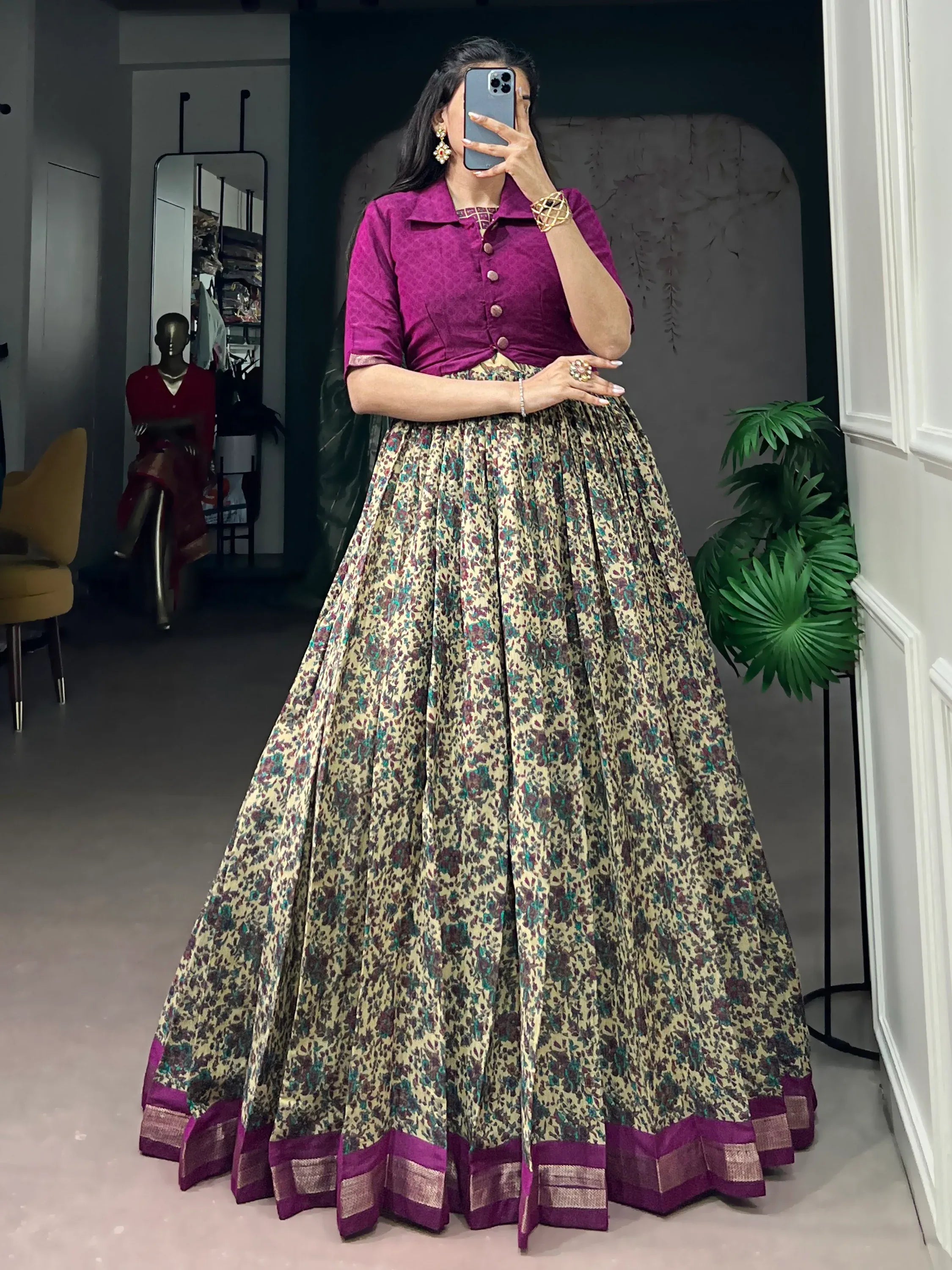 Magnificent Wine Floral Printed Chanderi Festive Wear Gown With Koti