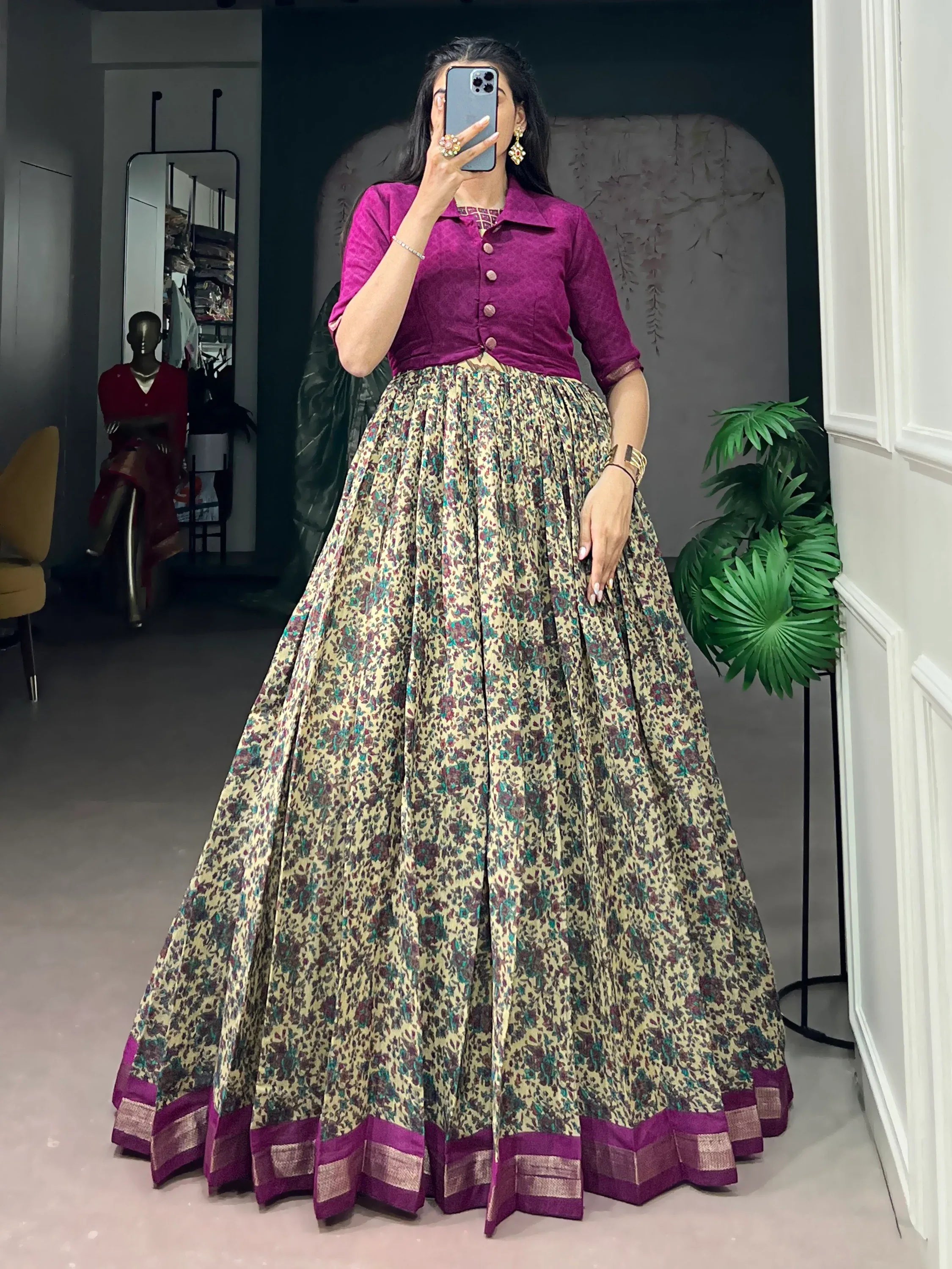Magnificent Wine Floral Printed Chanderi Festive Wear Gown With Koti