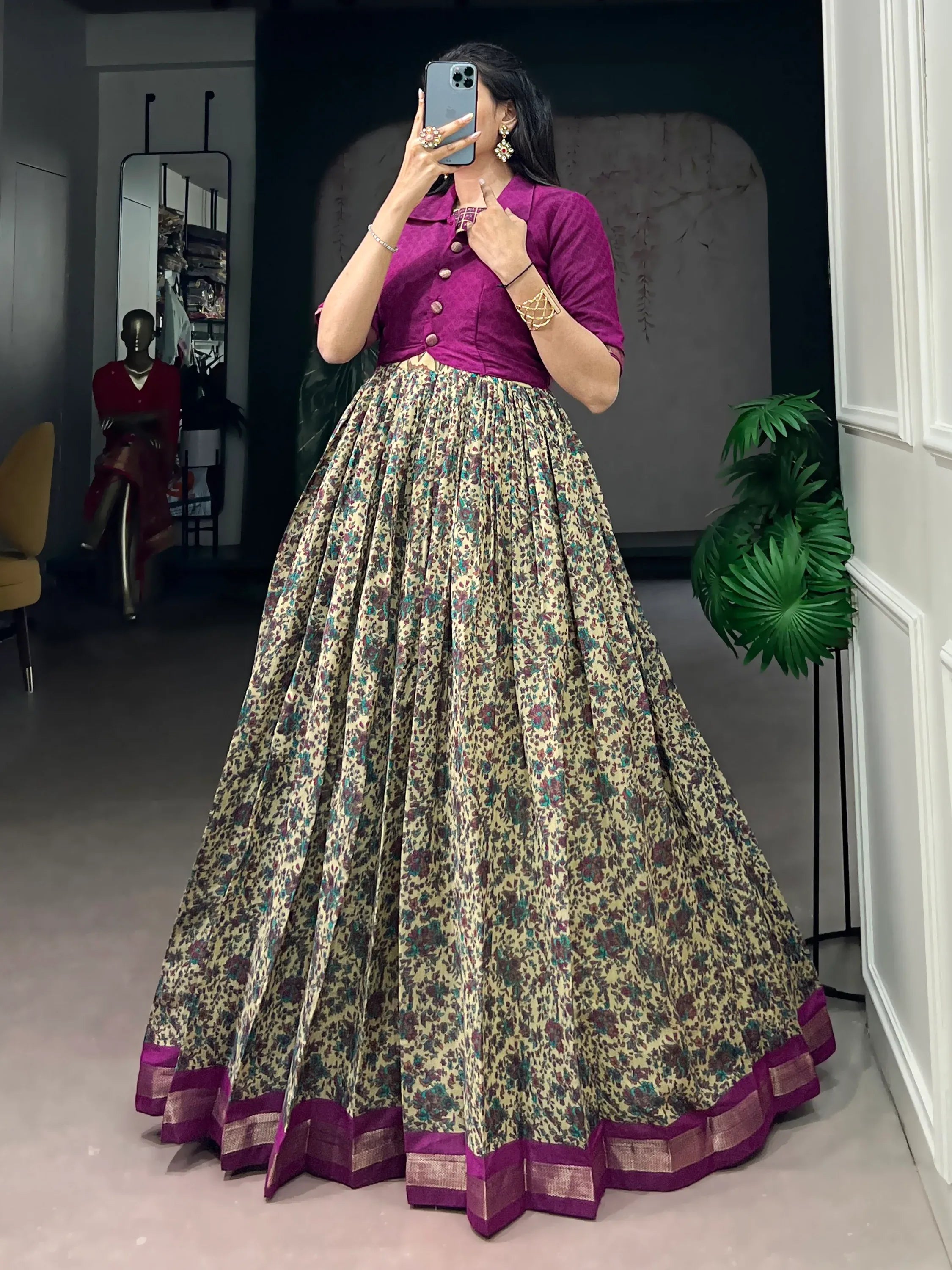 Magnificent Wine Floral Printed Chanderi Festive Wear Gown With Koti