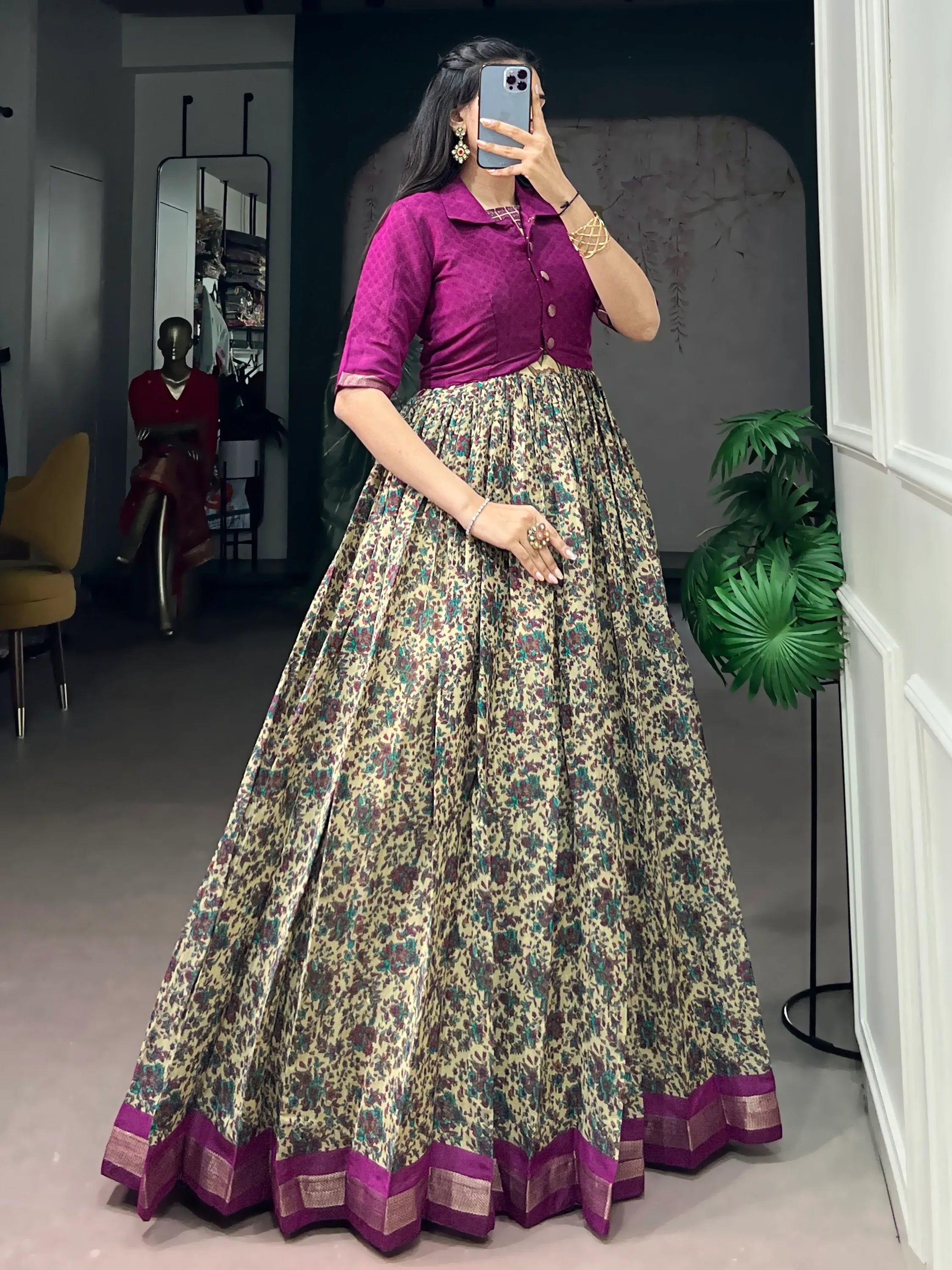 Magnificent Wine Floral Printed Chanderi Festive Wear Gown With Koti