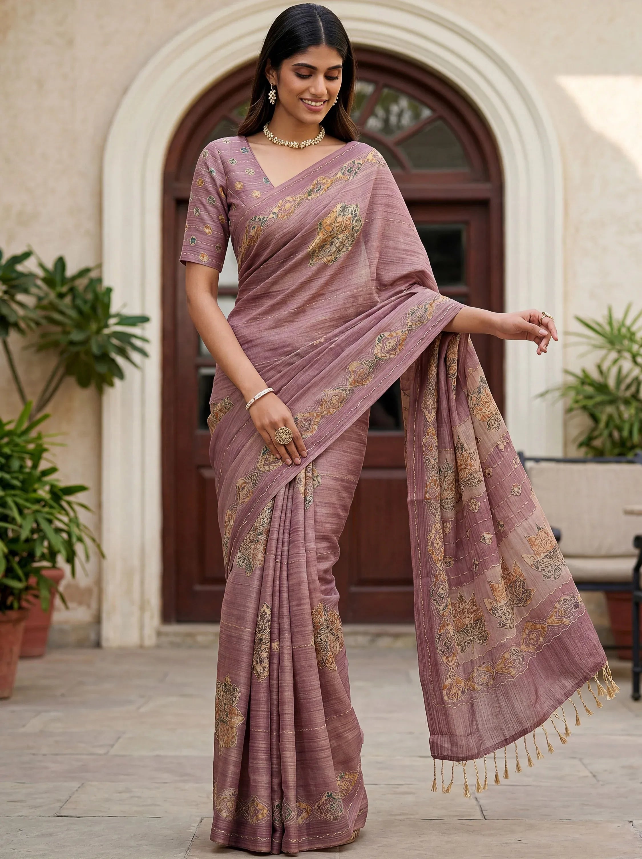 Gorgeous Mauve Dori Work Silk Festive Wear Saree With Blouse