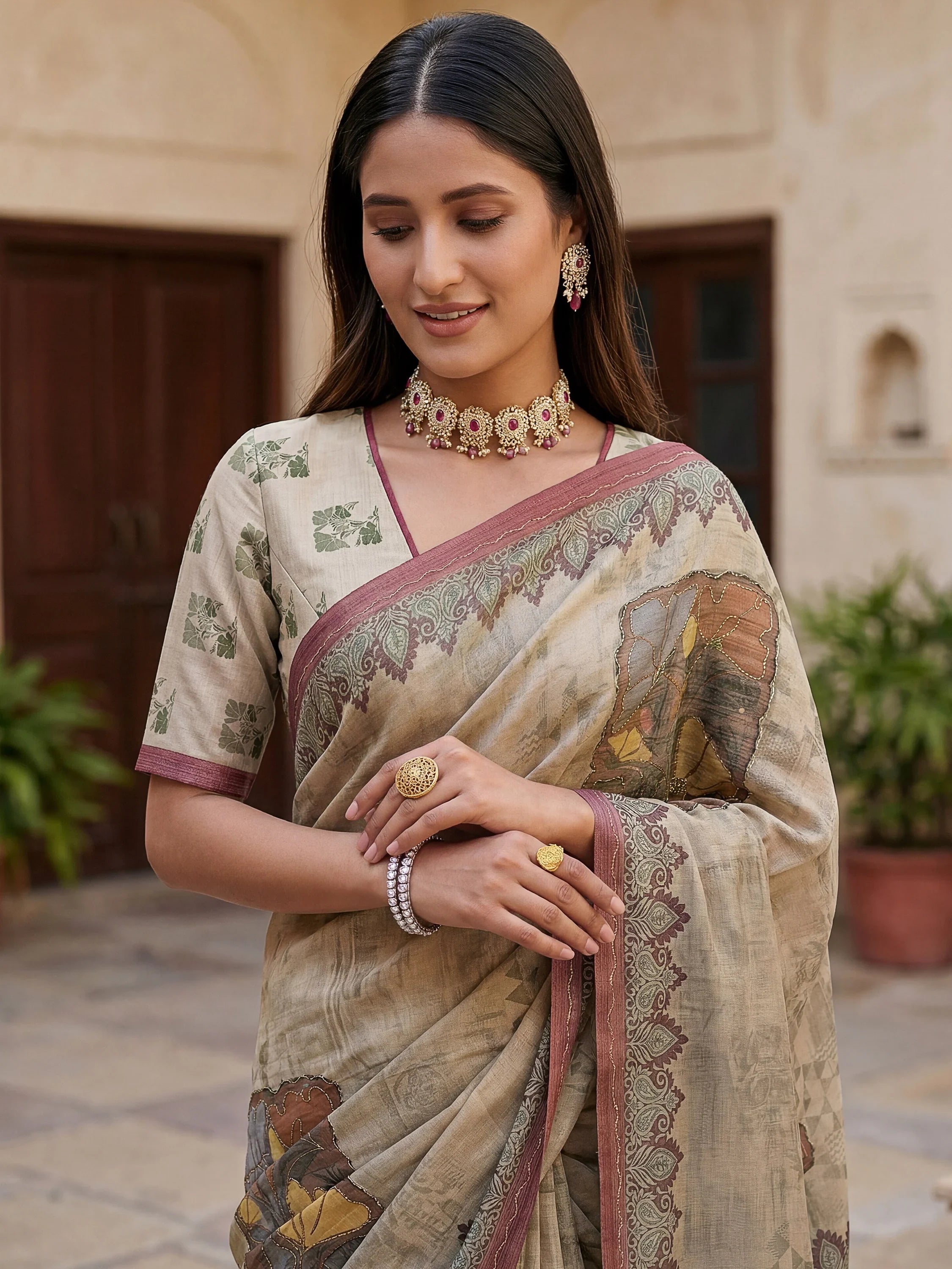 Glowing Beige Digital Printed Silk Festive Wear Saree With Blouse