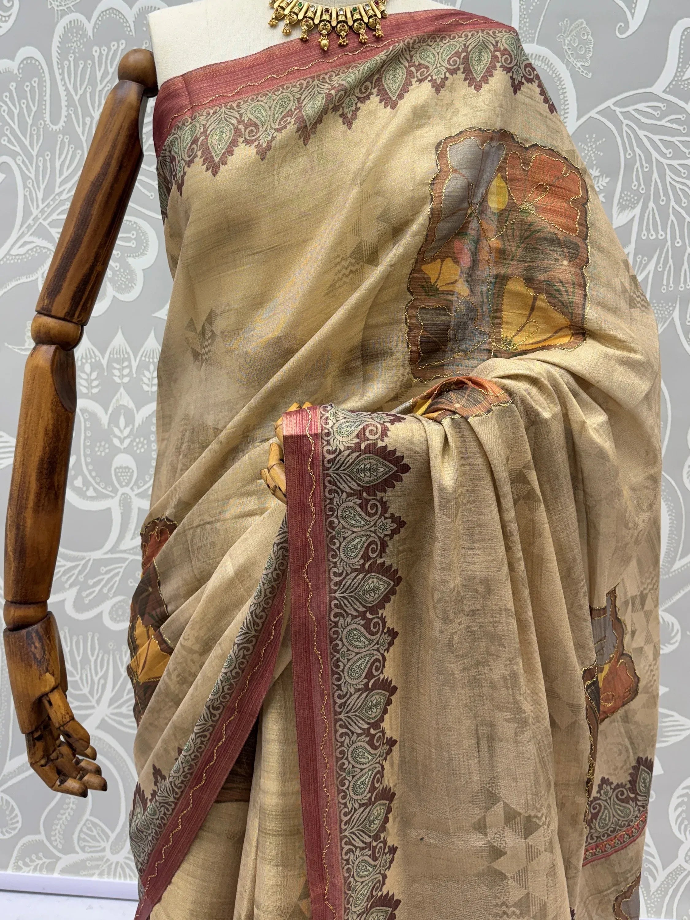 Glowing Beige Digital Printed Silk Festive Wear Saree With Blouse