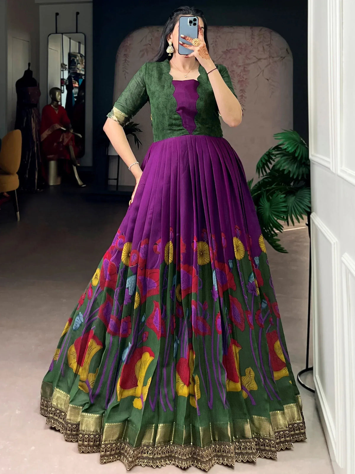 Purple and green floral print lehenga choli with gold border, Indian ethnic wear