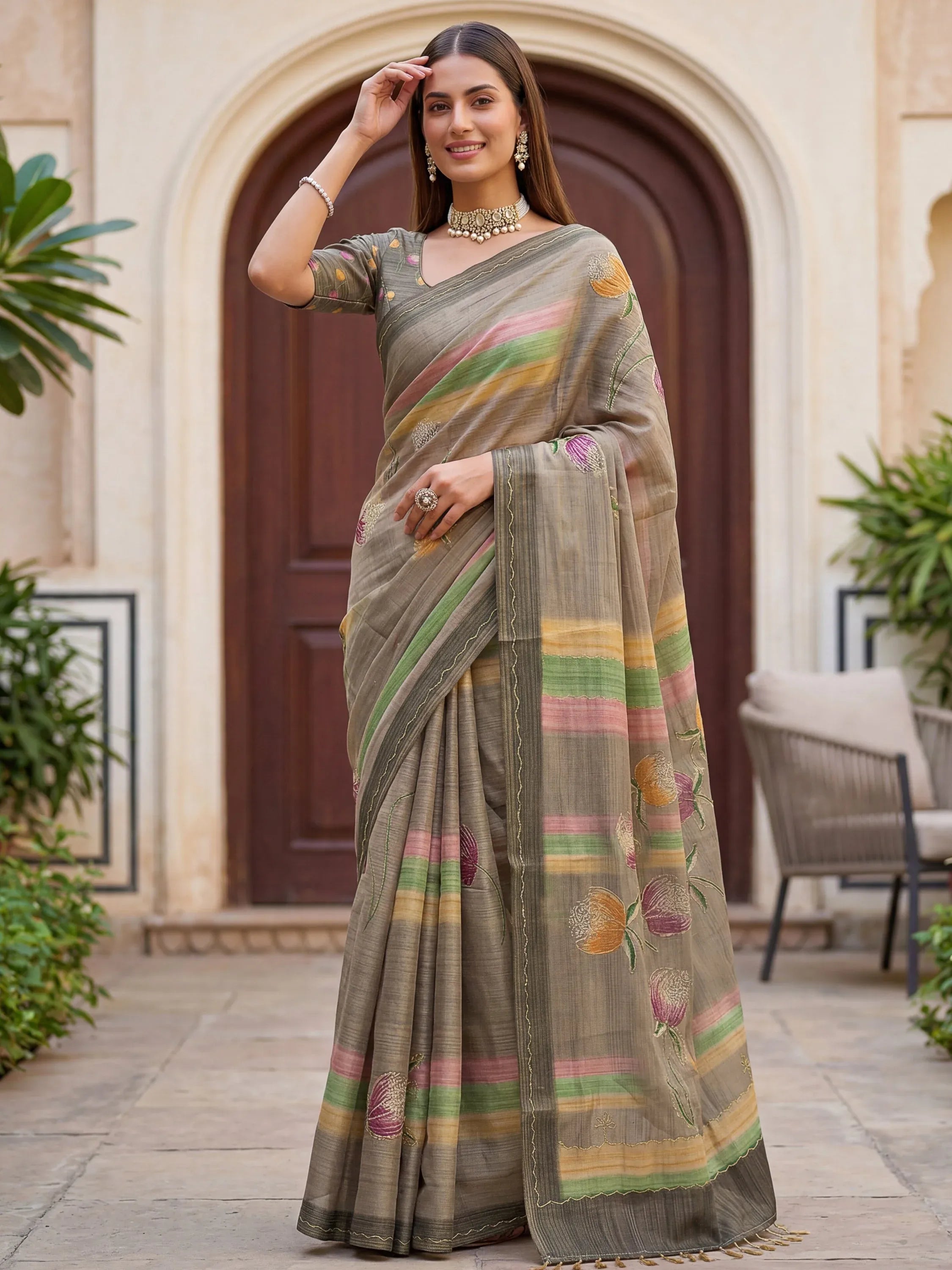 Attractive Grey Dori Work Silk Festive Wear Saree With Blouse