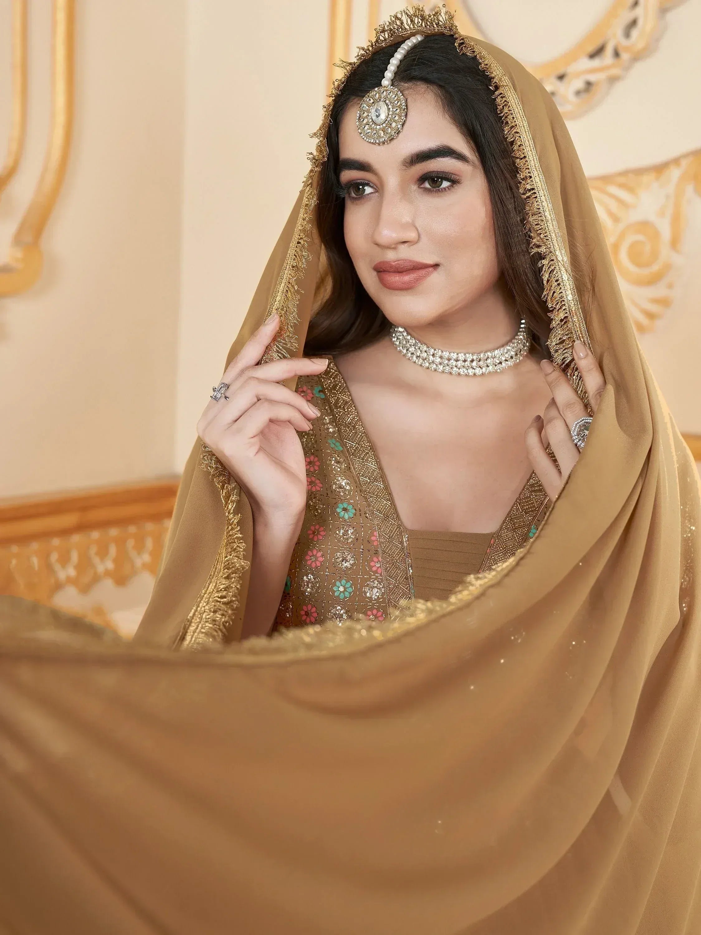 Olive green embroidered anarkali suit with dupatta, Indian ethnic wear for women