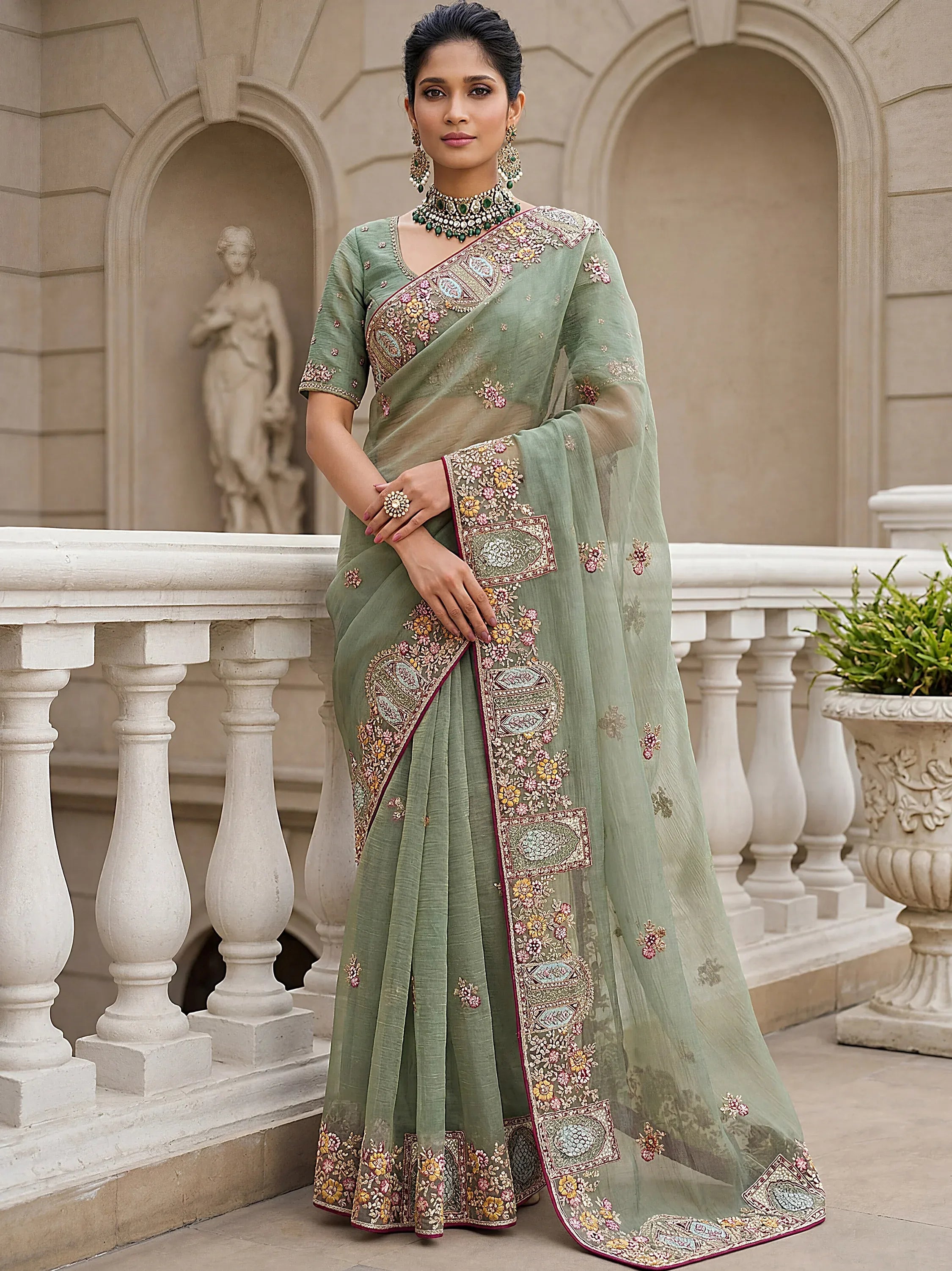 Notable Green Floral Embroidery Organza Reception Wear Saree With Blouse