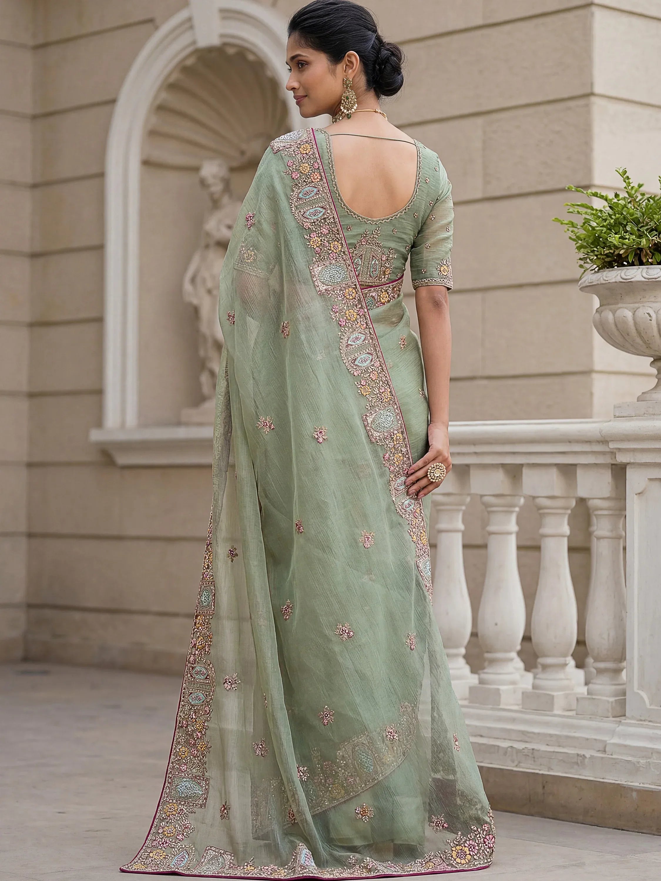 Notable Green Floral Embroidery Organza Reception Wear Saree With Blouse