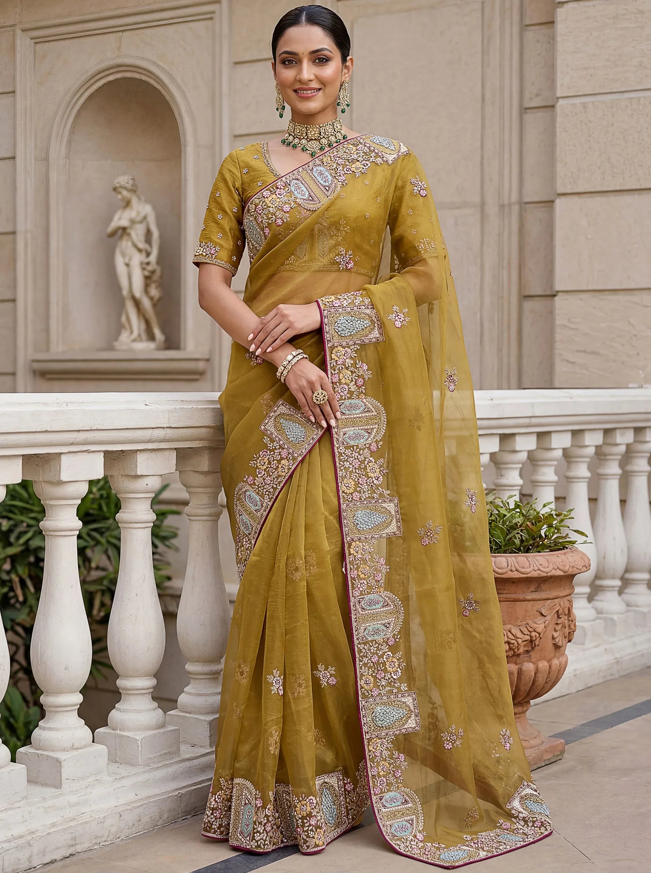 Rich Mustard Yellow Thread Work Organza Designer Saree With Blouse