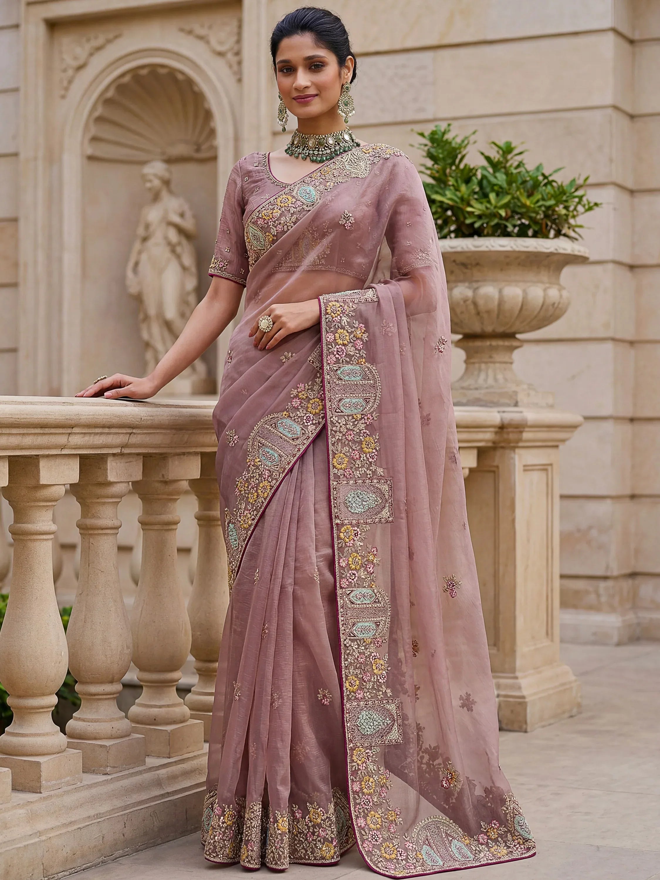 Notable Dusty Mauve Sequins Organza Party Wear Saree With Blouse