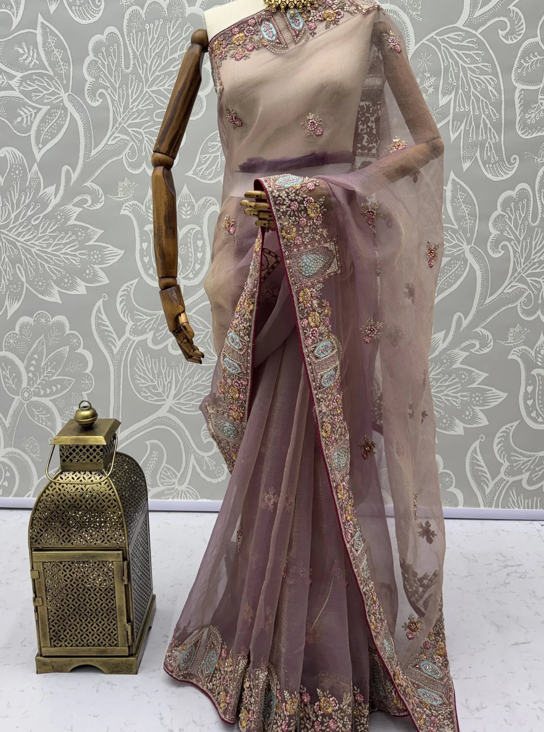Notable Dusty Mauve Sequins Organza Party Wear Saree With Blouse