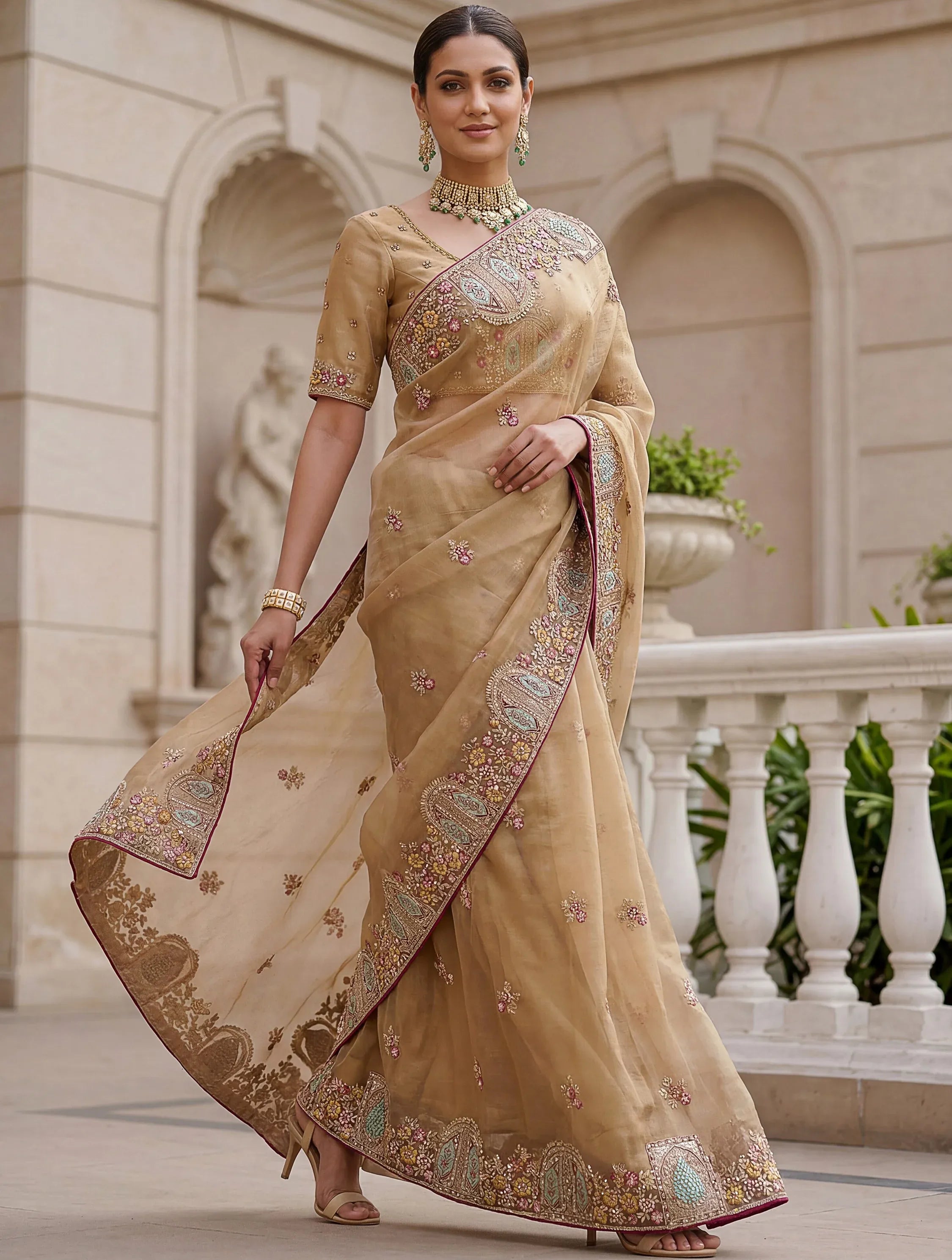 Lovable Beige Embroidered Organza Wedding Wear Saree With Blouse